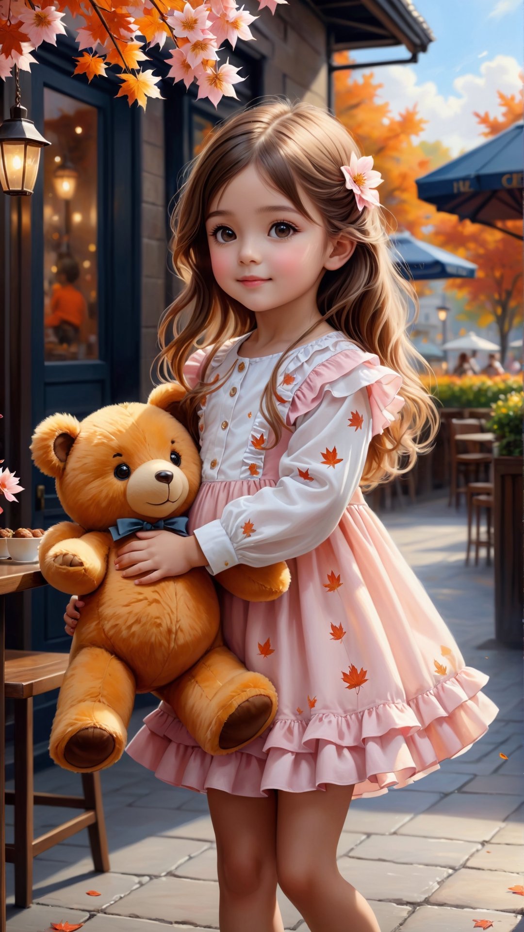 ((masterpiece), (best quality), (highly detailed)), Side view shot, Autumn style, flowers blooming, maple leaves falling, pink flower petals falling too, full body, A cute little girl with long hair wearing orange and white colour Ruffles shirt in the out door café holding a teddy bear in arm, happy and Lough, is the subject of this beautiful painting. The artist has created a realistic and detailed portrayal of a cute girl, showcasing their expertise in 4K digital art. The painting captures the essence of the little girl's features, bringing them to life with stunning realism. The use of oil adds to the beauty and richness of the portrait, making it a magnificent and visually captivating piece. This realistic and detailed oil painting is truly a work of art. flowers blooming and lighting bokeh as background