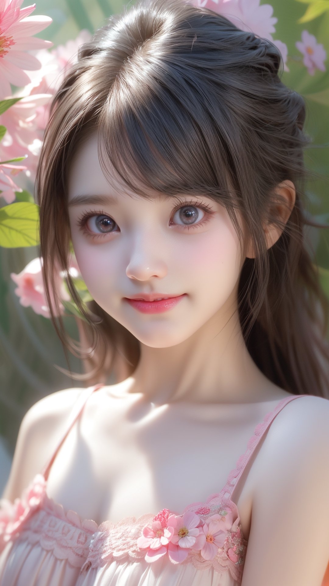 Pixar anime movie scene style, dreamy and fantastic, a digitally created picture of a little girls in pink dress, in the style of soft, dream-like quality, oshare kei, dark beige, barbiecore, lovely, shiny eyes, smile and happy, flowers blooming bokeh background, depth of field