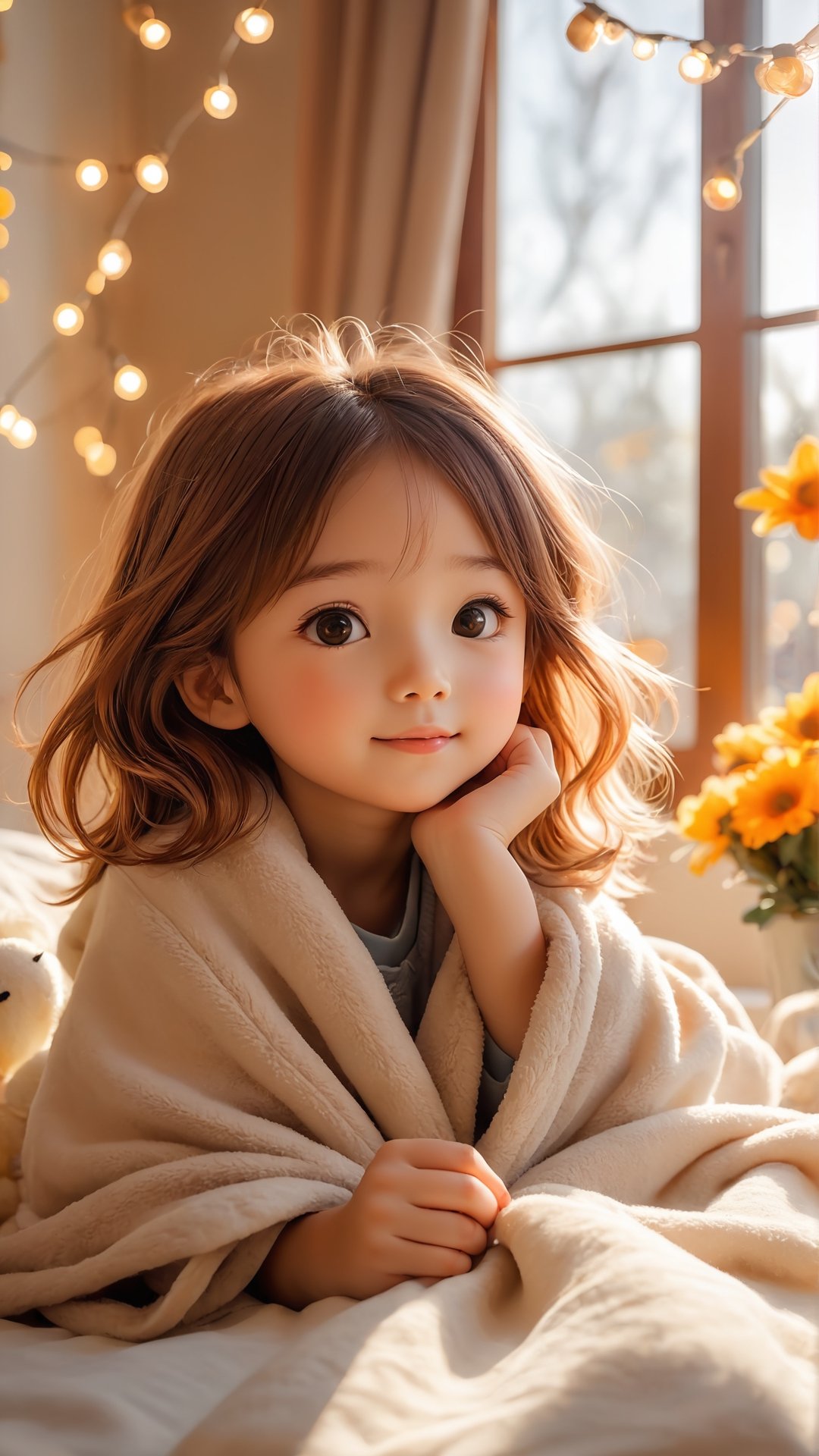 Flowers blooming, Autumn morning style, ((full body)), cute little girl wake up in the beautiful morning comfortably on a bed, covered with a blanket, stuffed animal, string lights on the wall, Sun ray through the window, cozy and comforting atmosphere, morning sunshine, wonder, pixiv, happiness and enjoyment, depth of field, illuminated bokeh background.