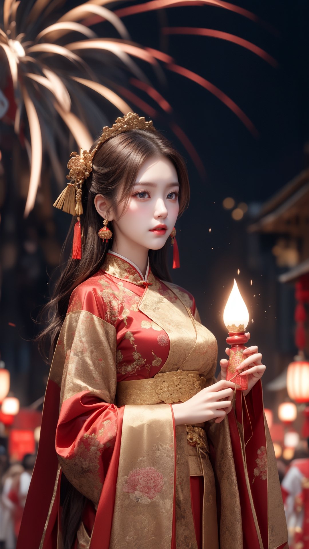 Chinese New Year, ancient beauty in traditional costume, holding a lantern, fireworks, couplets, the camera focuses on the beautiful woman in the center, ultra - high definition, ACGN.