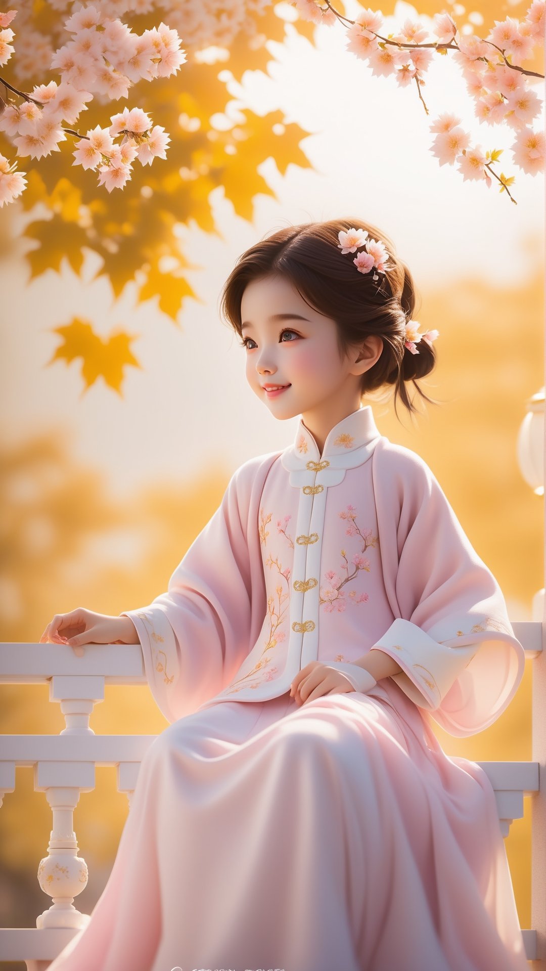 Pixar animated movie scene style, Chinese house style, in the morning light, pink and white yellow flowers bloom and maple tree bloom, sunray through the leaves, a beautiful and cute little girl with beautiful eyes, sitting on the railing, perfect face, smiling happily, 32k ultra high definition, Pixar movie scene style, realistic high quality Portrait photography, eternal beauty, the lantern behind her emits a soft light, beautiful and dreamy, the flowers are in bloom, and the light bokeh serves as the background.