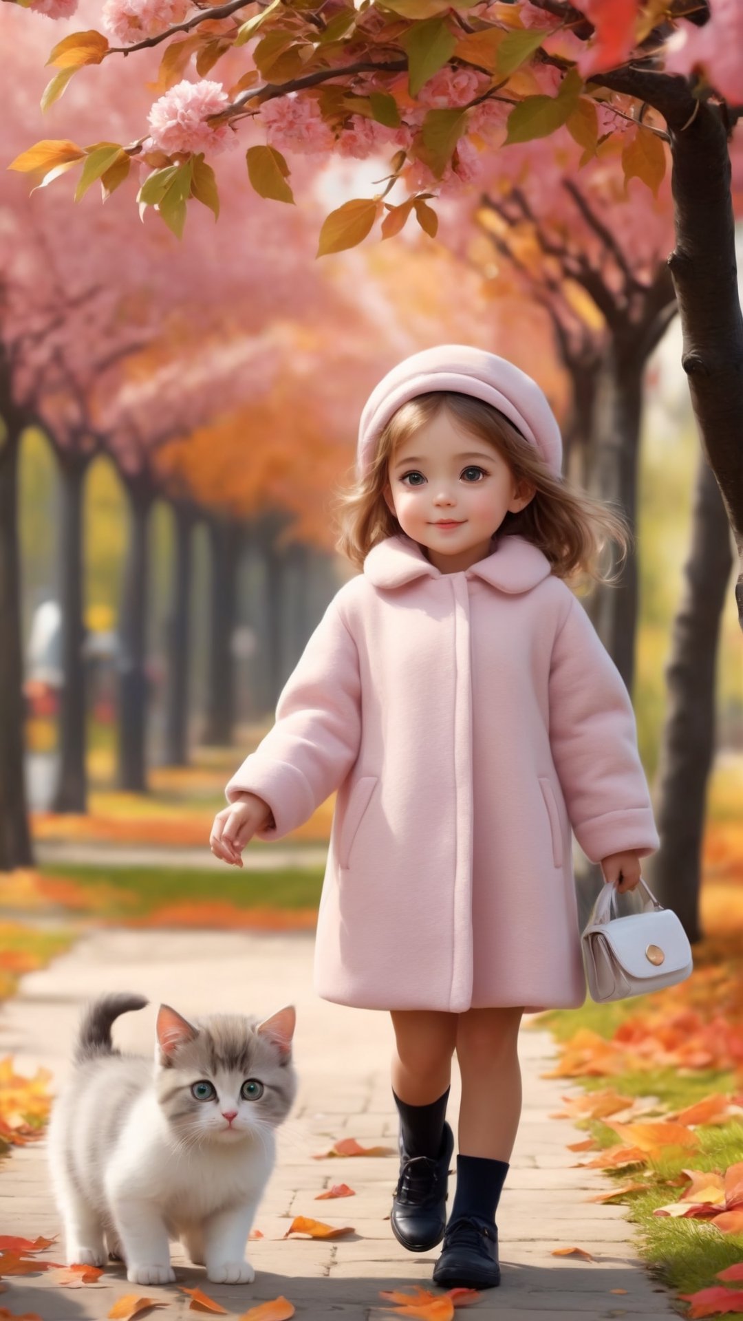 Side view shot, Turn around and look ahead, A beautiful big eyes and adorable little girl with two cute little fluffy fat kittens wearing pink coat walking on the apples tree branch from the treeand street, smiled happily, Autumn style, realistic high quality orange tree, apples full the branch, maple leaves falling, big eyes so cute and beautiful, under the tree have a table, and apples and beautiful flowers, maple leaves falling, orange near flowers, Turn around and look viewers , pink flowers blooming fantastic amazing and romantic lighting bokeh, pink flowers blooming realistic and green plants amazing tale and lighting as background, Xxmix_Catecat