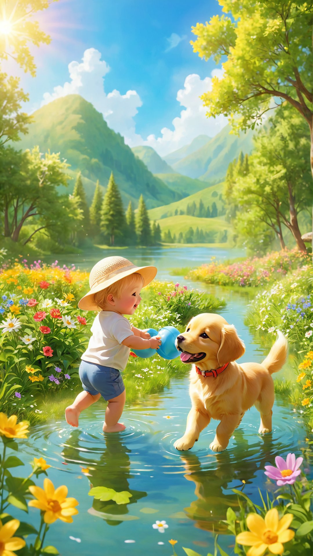 A heartwarming scene of a baby boy in a cute sun hat, playing happily with his golden retriever puppy in a picturesque field. The field is filled with vibrant, colorful flowers and tall, lush trees that create a canopy of dappled sunlight. The baby and puppy are splashing in the shallow water of a tiny lake, surrounded by beautiful wildflowers. The warm sunlight casts a golden glow on the scene, capturing the innocence and joy of childhood.