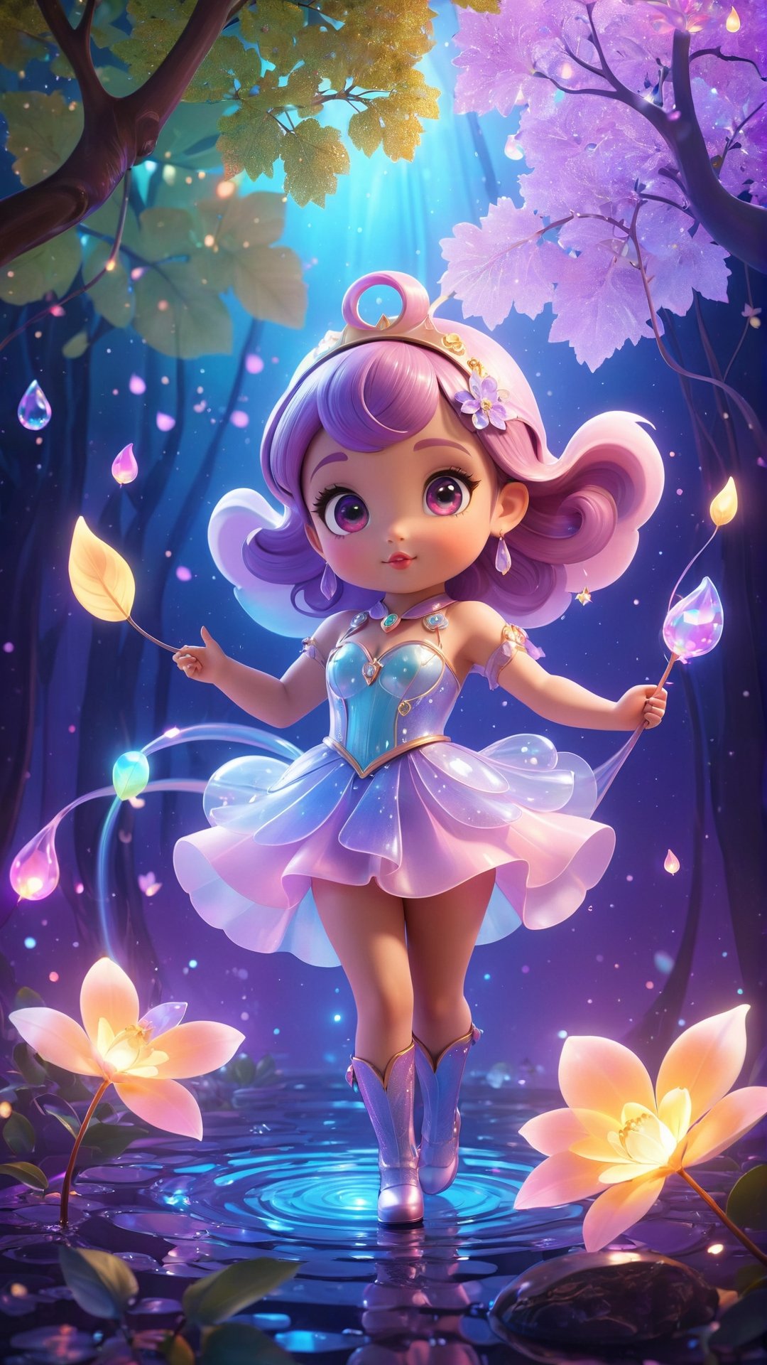 "Chibi" mascots include a cute girl cute 3d cartoon fashionable rainbow Art Nouveau fairytale poster, pin-up cuteness overload night fairytale fantasy pastel Neon Light (lighting/lasers/LEDs/Light Projection/fairy lights) cinematic, 32k, cgsociety, digital art, macrorealism, surreal, storybook illustration, expressive glowing eyes a close up luminous vivid dreamy romantic girl portrait, steampunk, unmaterial, ethereal, dreamlike holding a tree lilac branch, dynamic expressive pose detailed luminous scales, detailed skin texture, transparent body, shadow play, sparks, glittering leaves glowing contoured Burton Craola, Ryden, Ceccoli, octane render dynamic intricated pose, sleek, modern., fairytale, fantasy, by Andy Kehoe, artistic water drops on petals, detailed petals texture, dynamic pose, tender, soft pastel colors, octane render, beautiful, tiny detailed