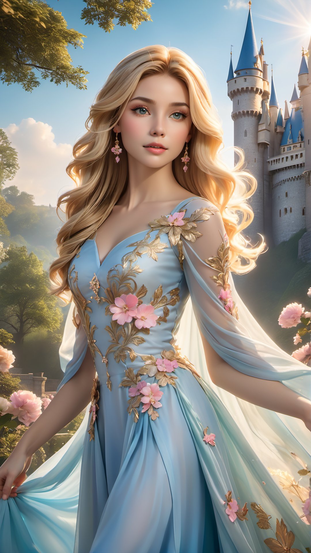 A captivating cinematic portrait of a young woman gracefully embodying a whimsical princess. Her cascading blonde hair frames her face as she playfully gazes at the viewer. She dons a stunning pastel dress adorned with delicate floral patterns and a fluttering train. The background reveals a majestic castle with towering spires, bathed in warm, golden light. The castle is encircled by a lush, enchanting forest, where sunlight dapples through the canopy, creating a dreamy atmosphere. The overall scene is transportive, immersing the viewer in a world of magic and wonder., architecture, photo, cinematic, fashion, product