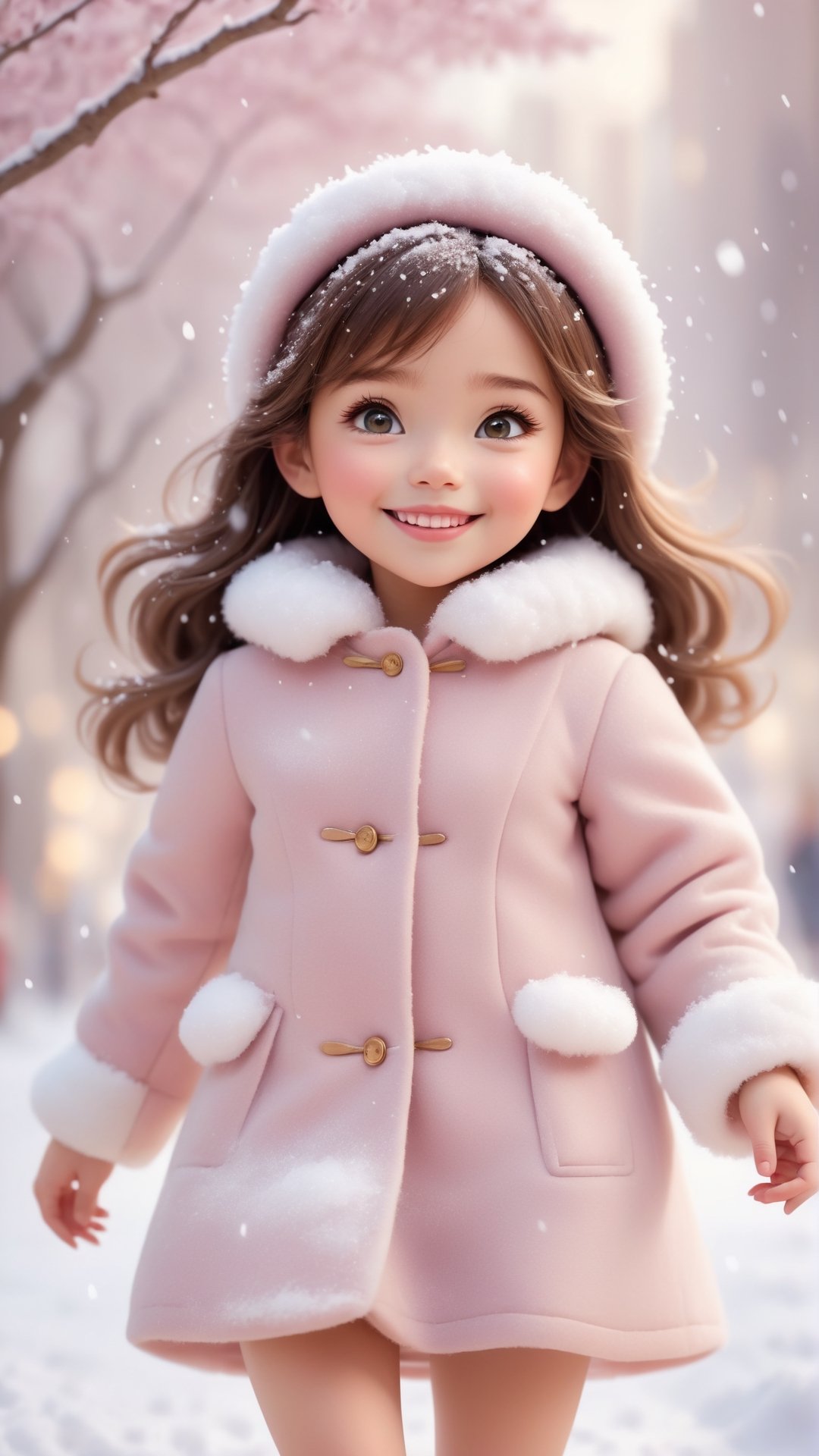 Pixar anime movie scene style, dreamy and fantastic, Snow falling, a digitally created picture of a little girls wearing pink fluffy dress and coat, in the style of soft, dream-like quality, oshare kei, dark beige, barbiecore, lovely, shiny eyes, laughing and happy, snowing, flowers blooming bokeh background