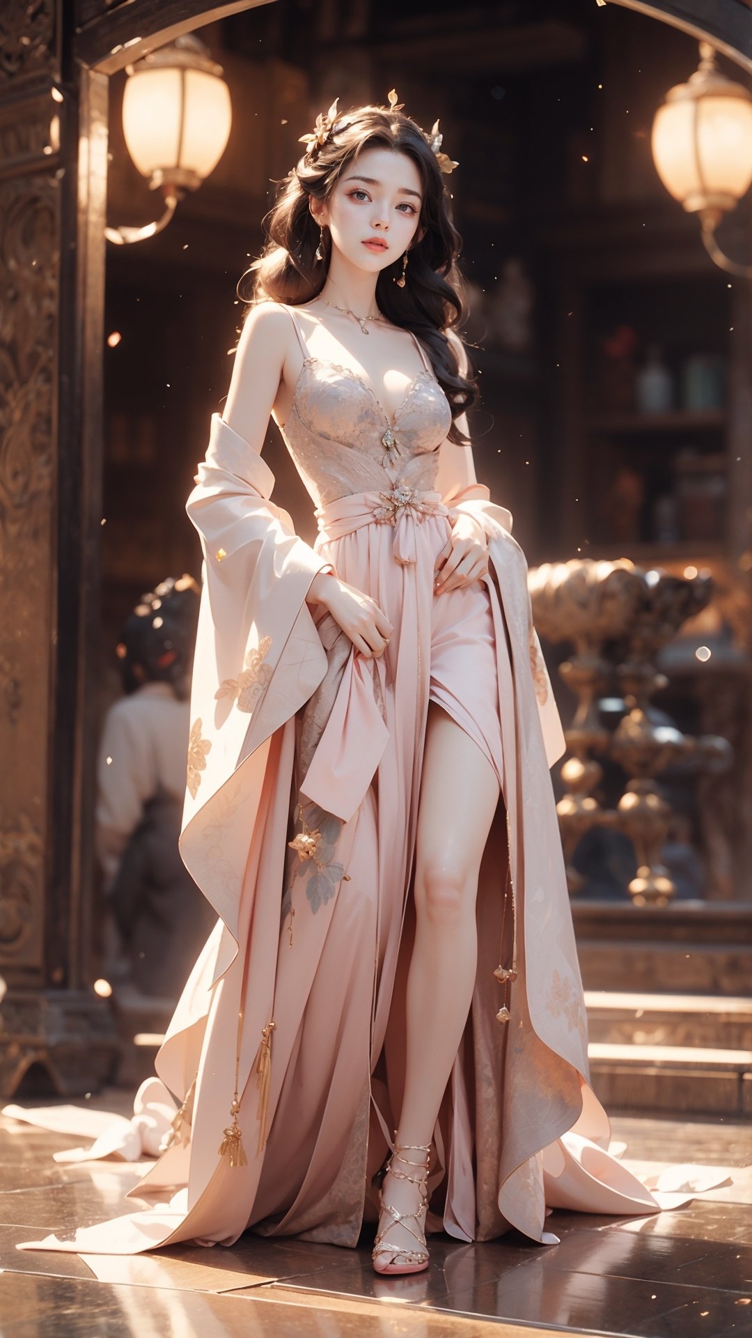 Front view , Autumn style, yellow flowers blooming, depth of field, lighting bokeh as background, snow-white delicate skin, long light brown curly hair, and a silver hairpin on her head. The eyes are a deep lavender color big and charming, wearing pink and white long dress, and long scaf, Wrap around the neck and cover the chest, full of mysterious stories. With pale pink lips, charming and cute. FilmGirl, xxmix_girl, detailed eyes, perfact eyes, mouth small,  3d style, light bokeh backgroud,3d style,isni,Movie Still,3d,3d render