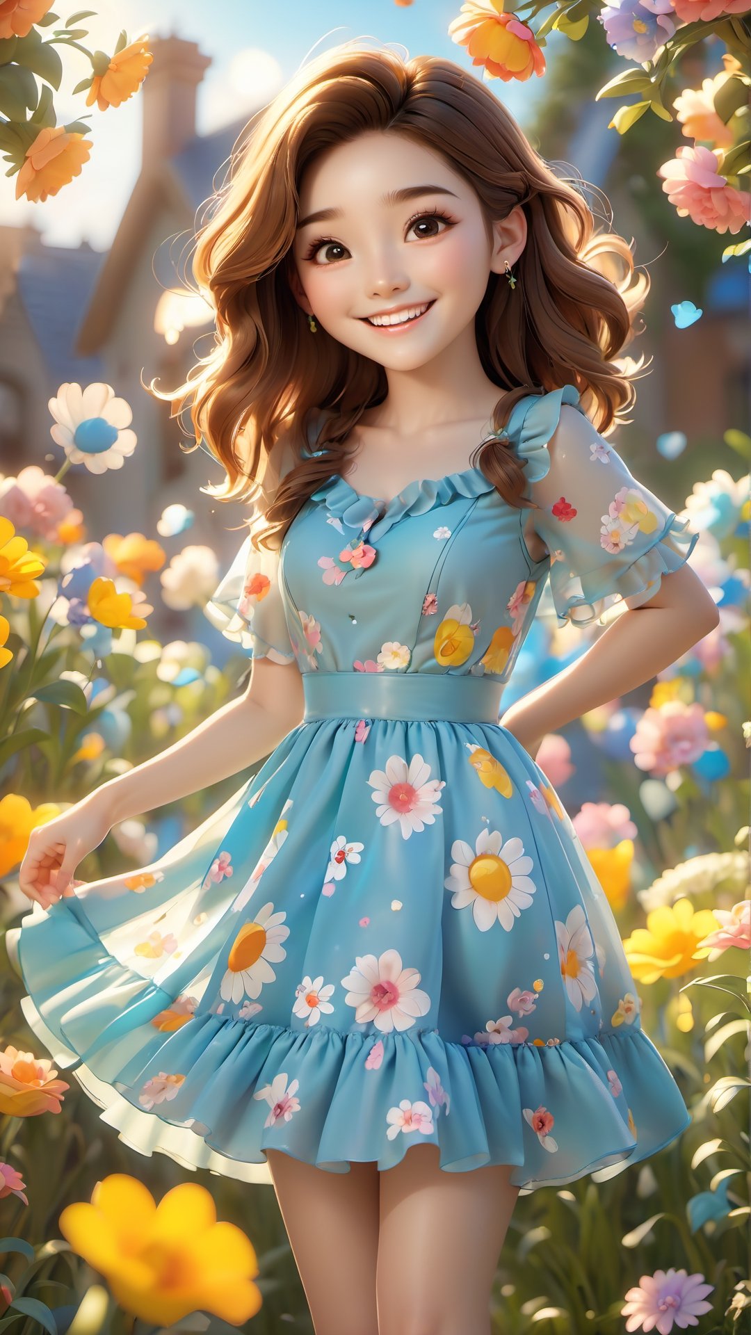 Super Cute Happy Girl 20 years old IP by pop mart, Singing in Flowers, SunLight Lighting, Full Body photography, ruffled dress,smile, happy, Art,Clay Materials, Pixar Trends, Garden Lighting, Super Detail, Stylish colors, stylish dressing, OC,Blender, best Quality