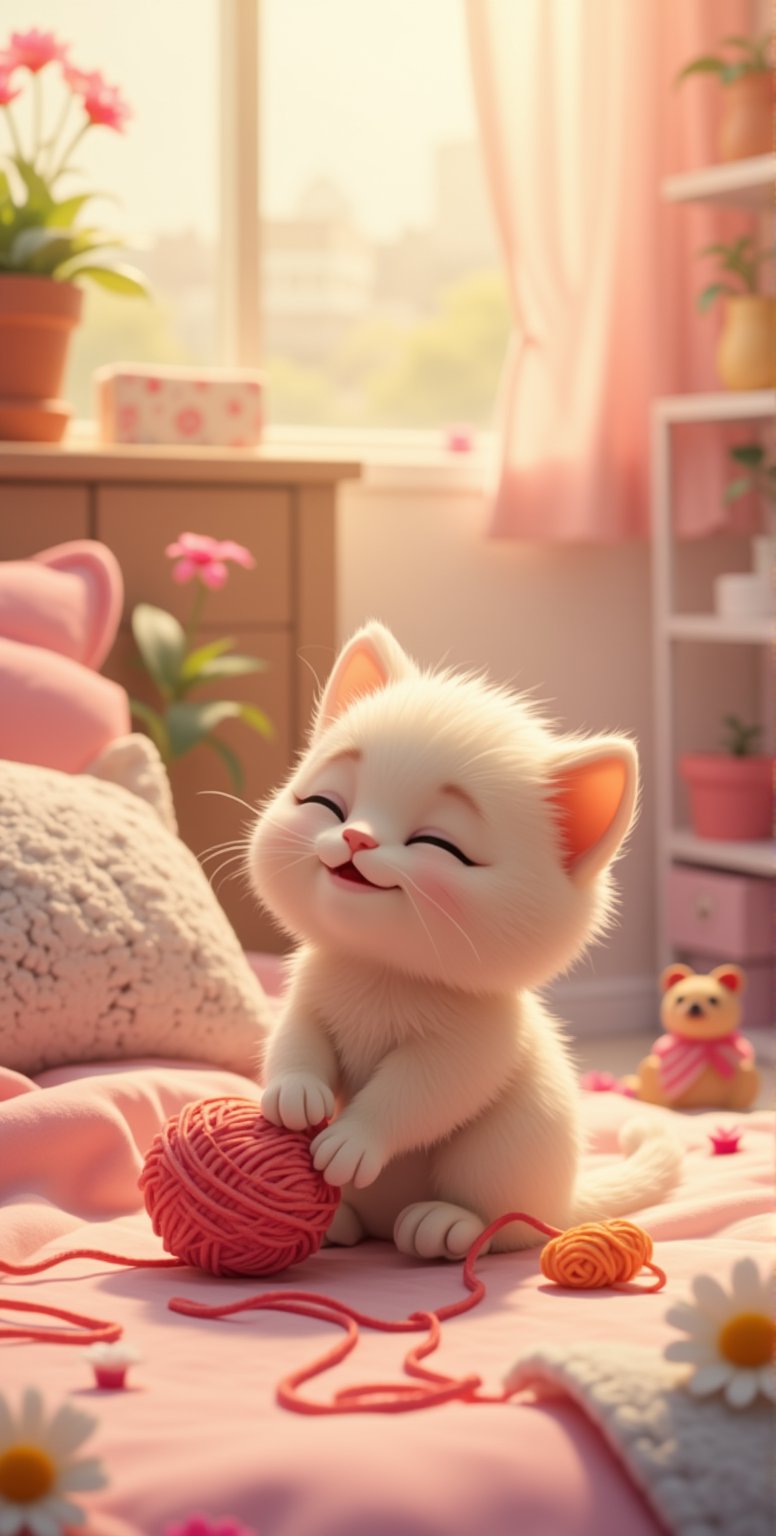 bedroom style, realistic high quality, Pixar anime movie scene style, flowers bloom, Cute little fuzzy kitten playing yarn ball at Blanket, so enjoy and happiness, flowers and lighting bokeh background, depth of field.