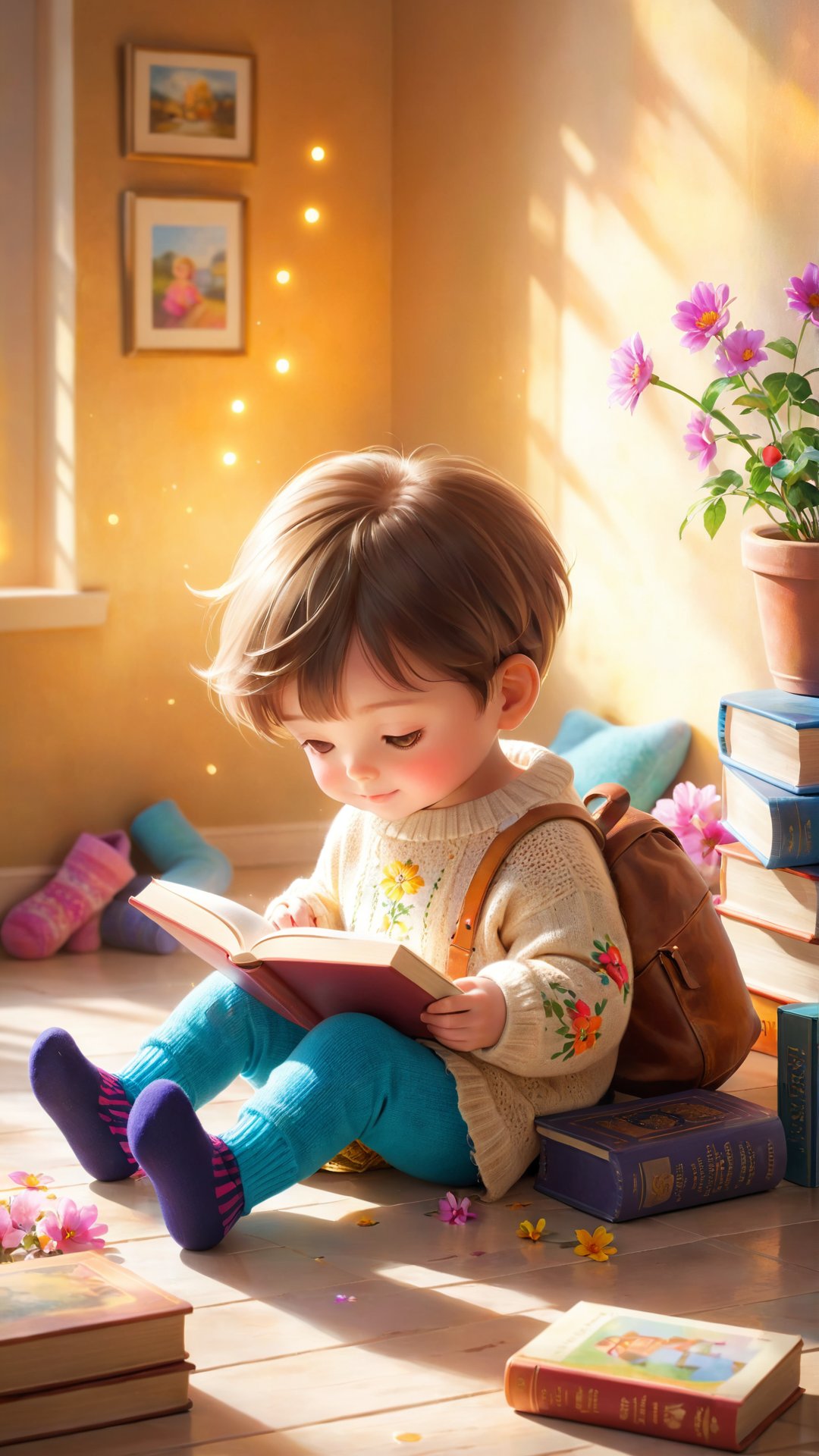 Flowers bloom bokeh background, flowers blooming, painting on the wall, books room, A heartwarming image of a young child sitting on the floor, completely engrossed in a book. The child is wearing a cozy sweater with a pair of colorful socks dangling off their feet. The book they're reading is an old, leather-bound classic with a worn leather cover and frayed edges. The room is bathed in warm, golden sunlight, creating a serene and inviting atmosphere.