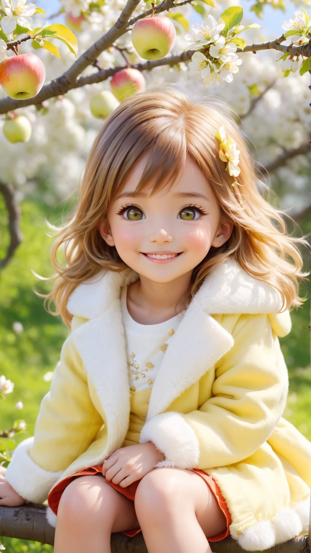 Side view shot, full body, Morning style, sunshine, apple tree, apples full bloom, a cute little girl clear details and charming eyes and wearing light yellow and white fluffy coat sitting on the brunch looking forward apples, smile happily and enjoy the best moment, depth of field, flowers blooming fantastic romantic bokeh background ,portraitart,xxmix_girl,Anime 