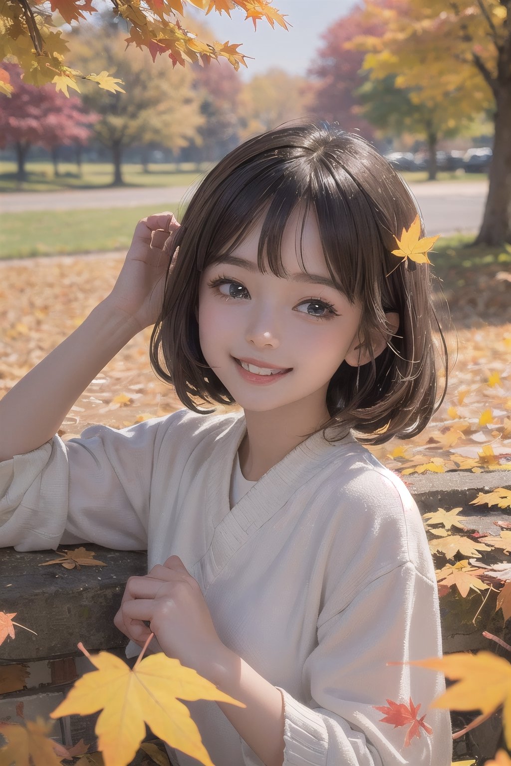 (Masterpiece, Top Quality, Best Quality, Official Art, The autumn season, maple leaves falling everywhere, a lovely cute big eyes little girl smile and happy stretched out my hand to catch the flying maple leaves. I was so happy. The beautiful picture was like a movie style, happy and beautiful. realist sweet and dreaming lovely HD 8K