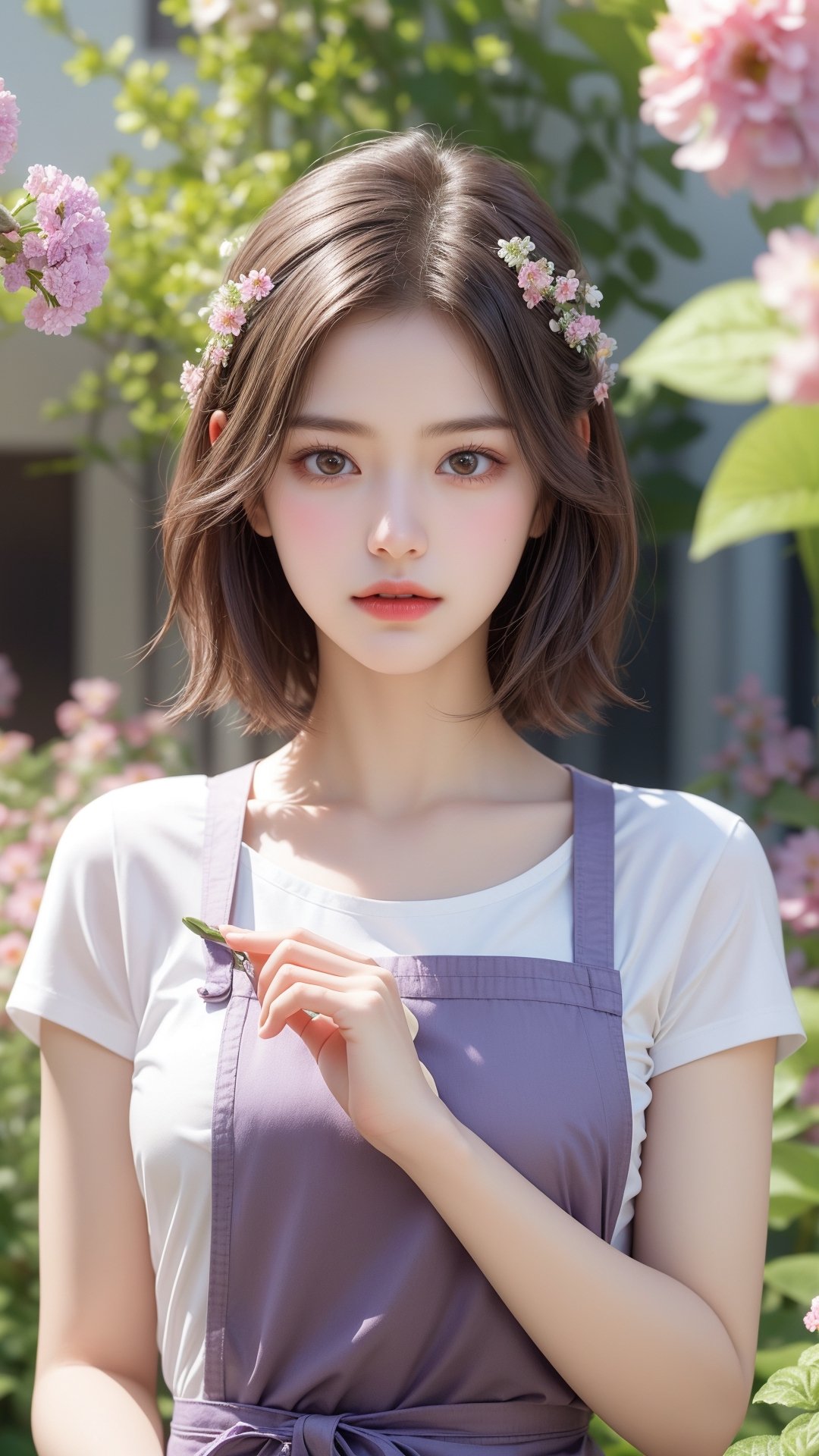 Garden, flowers bloom, A girl, beautiful and perfact face, The scene features soft lighting and bokeh effects, and the characters are rendered in a realistic style with high-quality details against a floral background, flowers bloom, with short hair stood outside, holding flowers, especially purple flowers. She wears a white shirt and pink apron. Natural atmosphere.