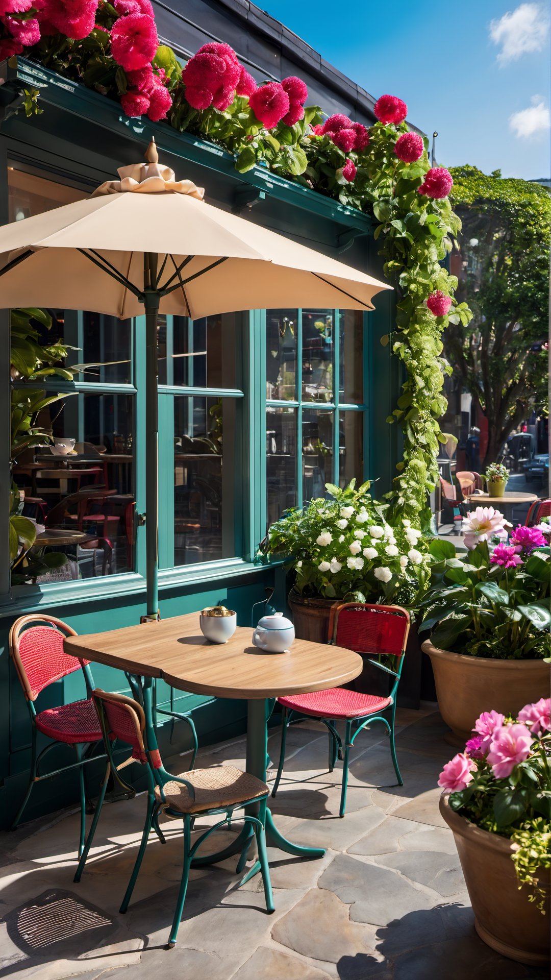 flower, outdoors, day, indoors, tree, cup, no humans, window, chair, table, plant, scenery, teacup, potted plant, cafe