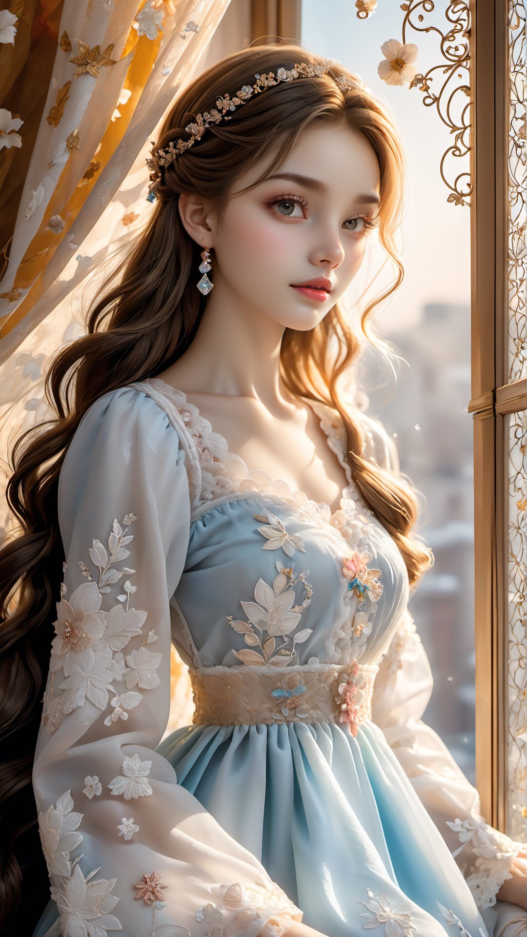 a gentle soft girl of 15 years old lies by the window, a transparent embroidered curtain is swayed by a breeze, the girl is wearing a combination dress made of richelieu lace, made of snow-white fine fabric, the sun's rays fall on the girl's skin, she dreams, delicate pastel colors, velvet bedspreads, many interesting details, figurines, marble, crystal in the room