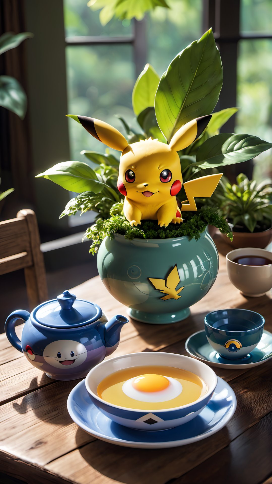 food, blurry, cup, pokemon creature, no humans, leaf, table, plant, teacup, bowl, potted plant, teapot, tea, egg, saucer, wooden table, Pokémon 