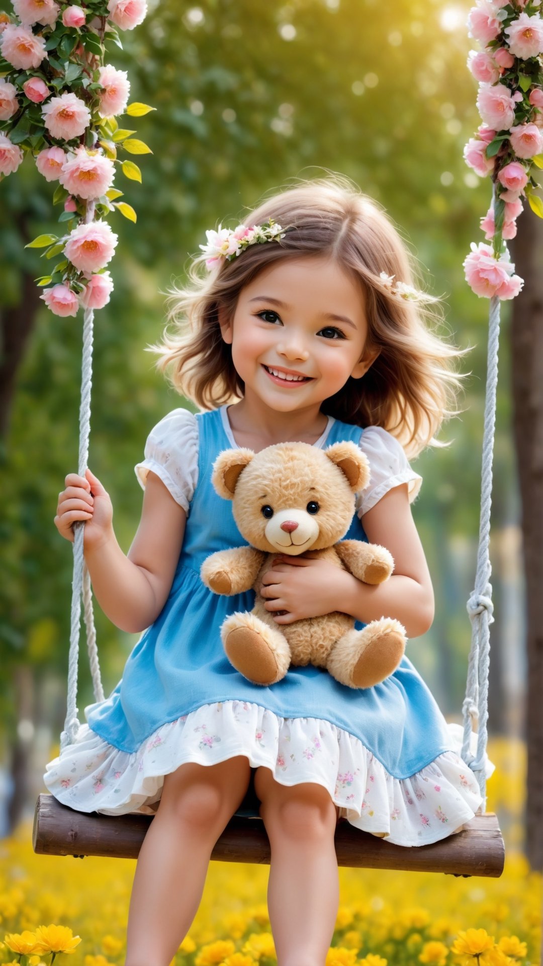 Flowers blooming, fantastic amazing photos, A cute little girl laughing at the flowers tree swing so happy, She hug a cute little teddy bear, petas falling beautiful scene like heaven, portrait photography, fantastic flowers bokeh background ,Movie Still