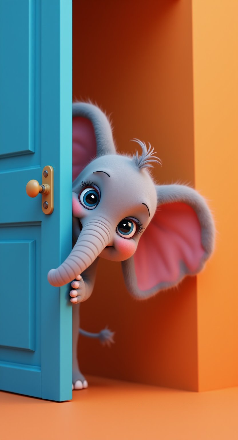 An adorable anthropomorphic pink elephant pokes its head out from behind a vibrant blue door, its big eyes full of curiosity and joy. The elephant has soft, fluffy gray fur, a pink nose and inner ears, and its cute, playful smile makes the character feel lively and friendly. The background is a smooth, solid orange color that enhances the contrast of the elephant with the background. Render in a detailed cartoonish style with smooth, soft textures, bright lighting, and a warm color palette that accentuates a fun and friendly atmosphere. High quality 8K images, focus on charm and expressiveness, 3D rendering, C4D 