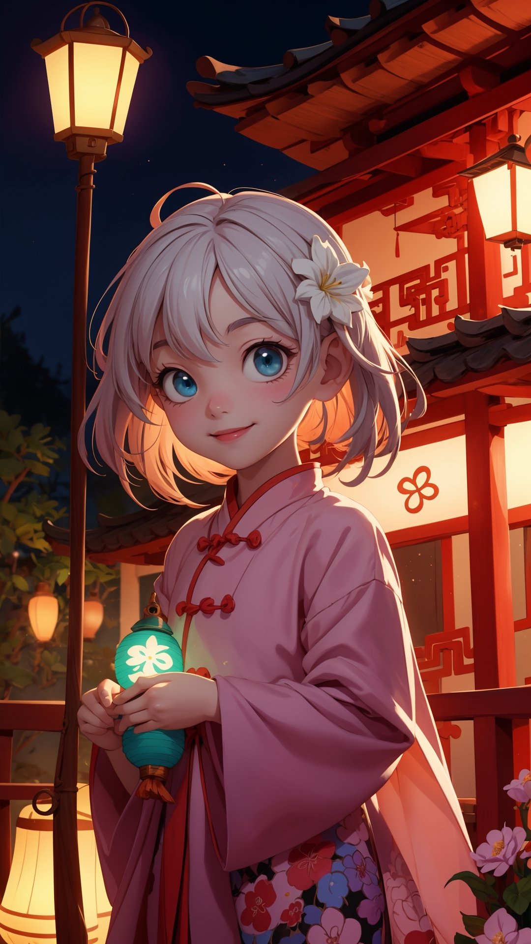 Pixar anime movie scene style, perfect face, Chinese house style, in the night, A beautiful and cute little girl with beautiful eyes is standing on the railing. six years old cute little girl holding lantern on the balcony, in the style of charming anime characters, 32k uhd, Pixar movie scene style, realistic high quality portrait photography, timeless beauty, The lantern lamp behind her are emitting soft light. She is beautiful and dreamy. smile and so happy, flowers blooming and lighting bokeh as background. 