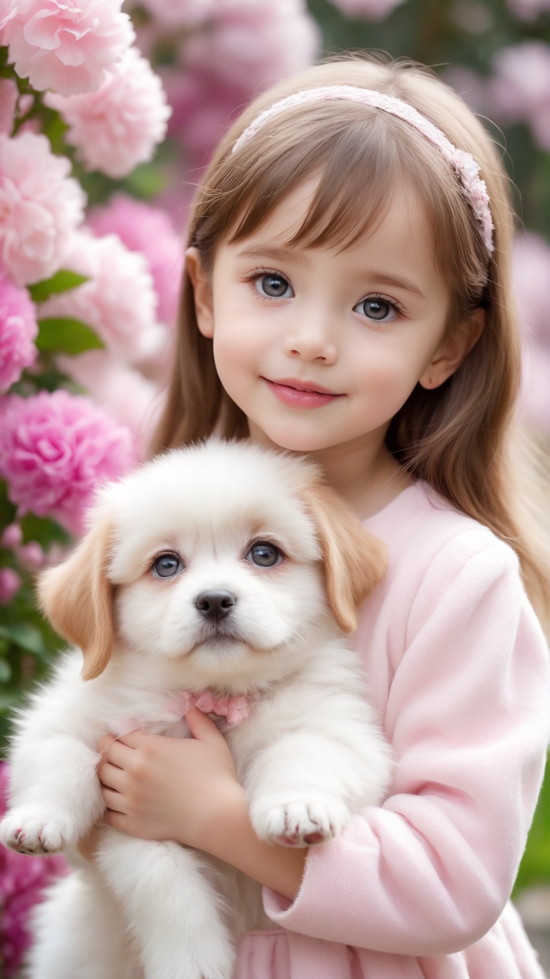 Evoke pure joy with a high-detailed scene of a cute, beautiful big eyes so adorable little girl wearing fluffy pink and white dress and coat, playing with a fluffy puppy. Capture the innocence and happiness in their interaction, ensuring the image radiates warmth and charm.happiness and enjoy the best moment to smiling, high quality portrait photography, flowers bloom beautiful bokeh background.
,3DMM