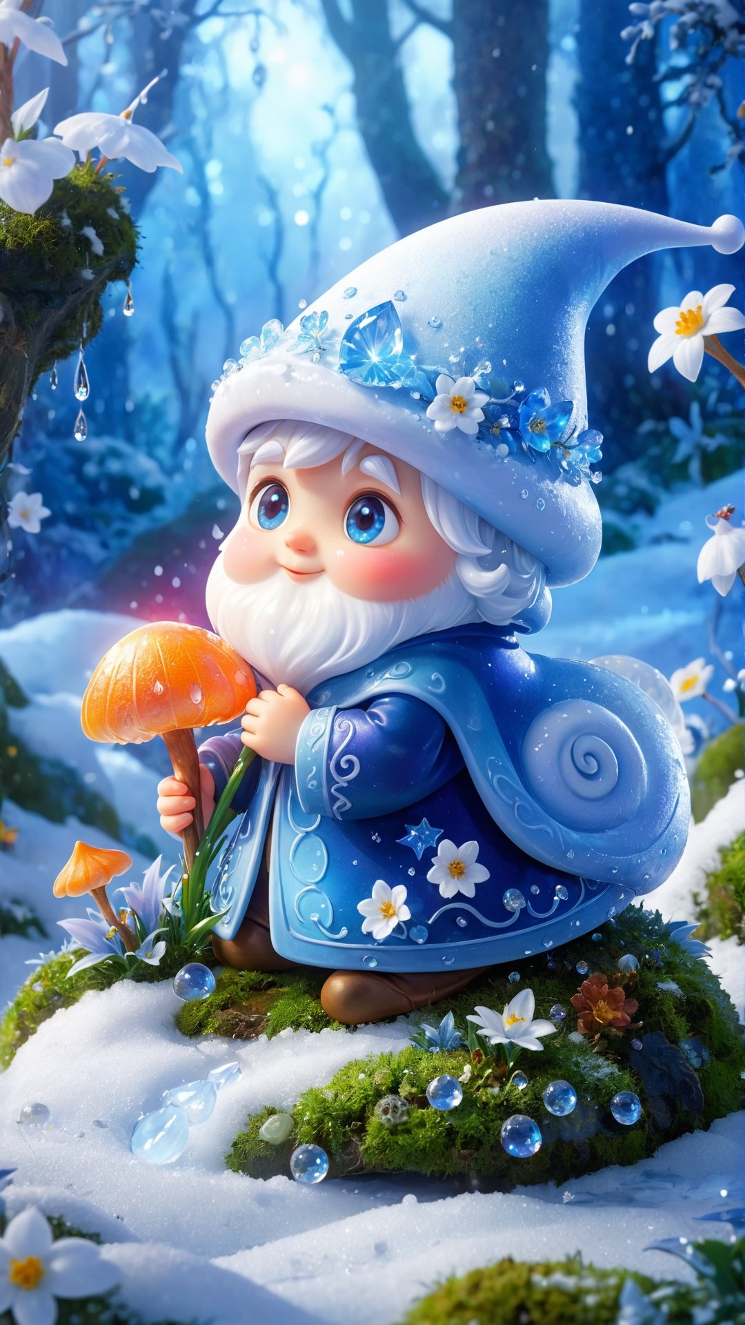 A wizard and his familiar, which is a magical ice snail with white skin and glowing blue crystalline shell, fantasy, snow, ice, flowers bloom and lights soft, digital art, a diminutive gently crying little wizard with curled pointy hat with tears as big as dew drops sitting in the rain on a leaf covered by moss, snowy forest background, tiny flowers, sparkling with frosty snow dew and snow drops, red orange and yellow colors through dappled sunlight,perfecteyes eyes