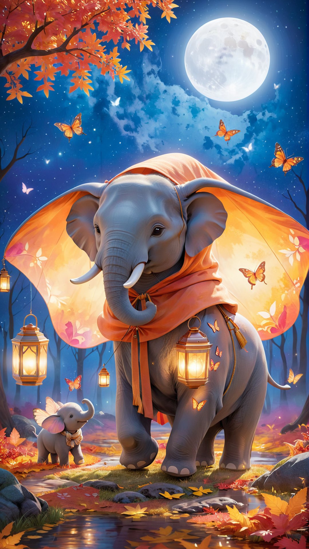 A breathtaking illustration of a large elephant walking under a full moon, surrounded by vibrant autumn foliage. The elephant's skin has a subtle shimmer, and it carries 2 small child on its back. The child is wearing a hooded cloak and holding a lantern that casts a warm glow. Delicate butterflies flutter around the scene, and there's a sense of serenity and magic in the air. The artwork combines elements of 3D rendering and painting, creating a vivid and immersive experience., illustration, 3d render, painting