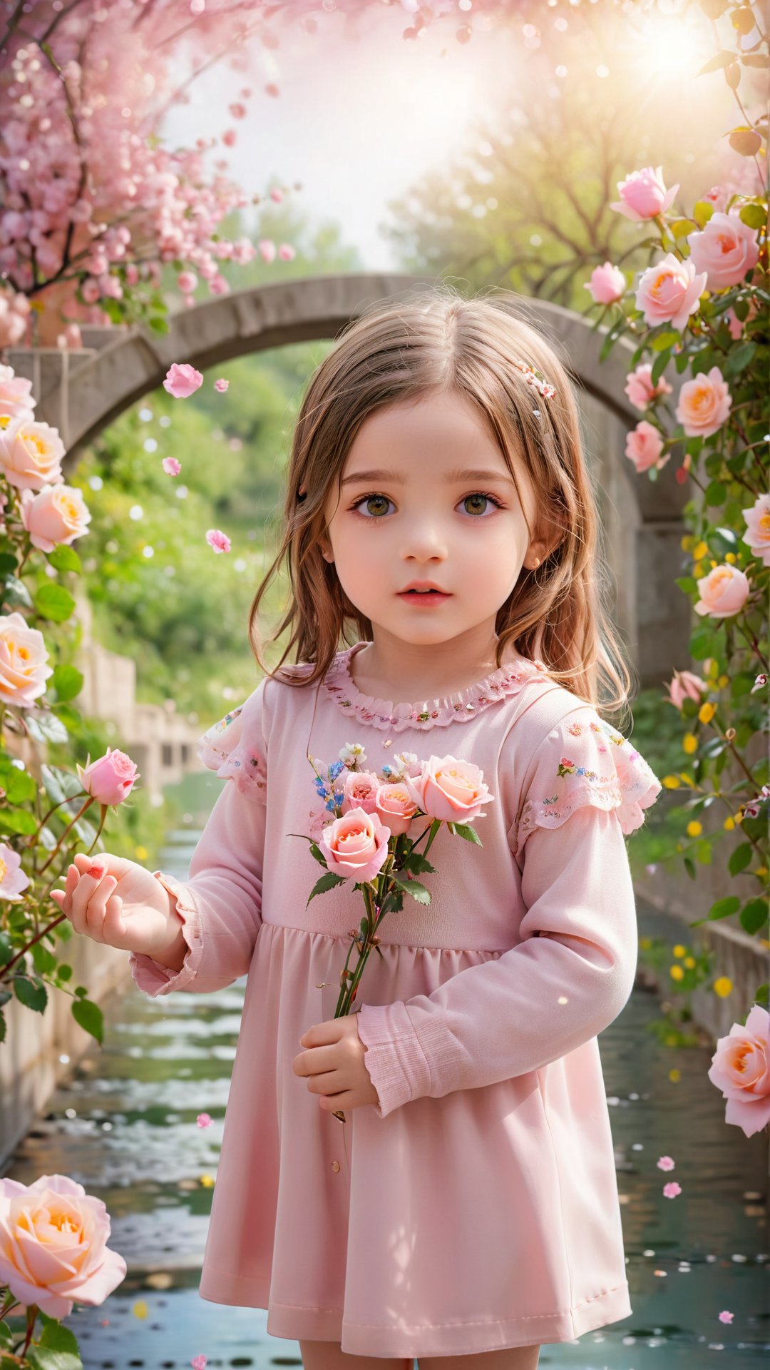 generate 3d image of rose falling from the hands of four year old girl standing in a wired bridge, perfect face and beautiful eyes and the best quality portrait photography, flowers bloom bokeh background, beautiful and fantastic and dreamy, dreamy romantic scene style, depth of field.