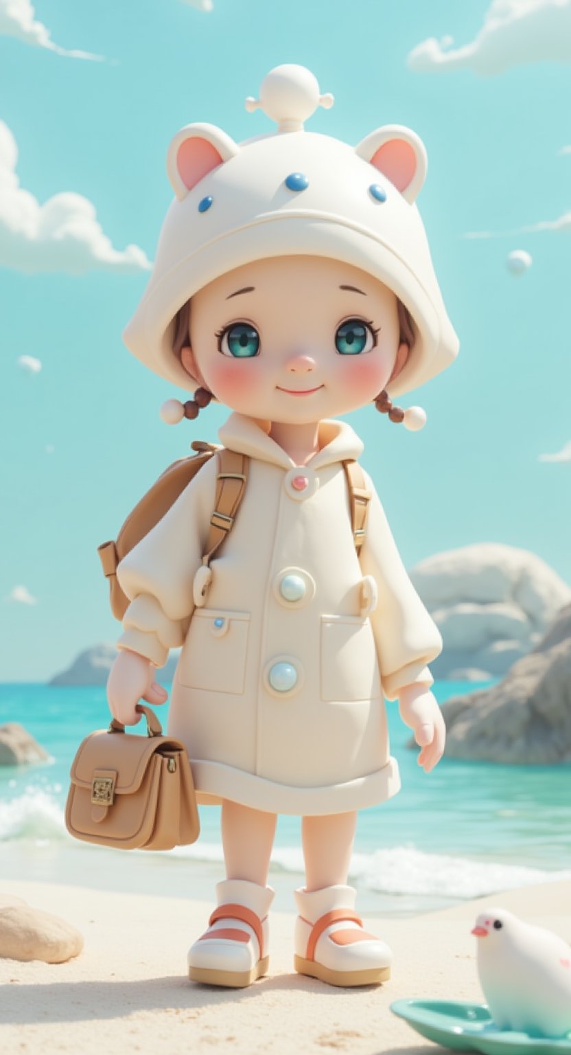 a oyster ,cartoon doll cute and exaggerated , Disney cartoon ocean style ,carry a shell behind like a little schoolbag ,body is very big the shell is small,IP character design into seaside culture and creative product, add pearl element and expressions ,shell like a little schoolbag, shy blush 