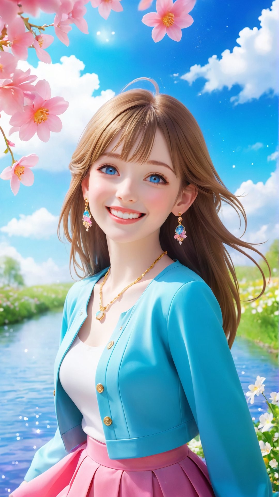 Spring flowers blooming fantastic amazing photos and portrait photography realistic high quality, blue sky and white clouds, beautiful flowers and water river around the flowers, Beautiful, soft light, (beautiful and delicate eyes), very detailed, pale skin, big smile, (long hair), dreamy, medium chest, female 1, ((front shot)), bangs, soft expression, height 170, elegant , Bright smile, 8k art photo, photorealistic concept art, realistic, person, small necklace, small earrings, fantasy, jewelry, shyness, dreamy soft image, masterpiece, ultra high resolution, skirt, shirt, jacket, color , (both eyes (winds gently), (raises head slightly and looks immersed in happy thoughts),colorful,glitter