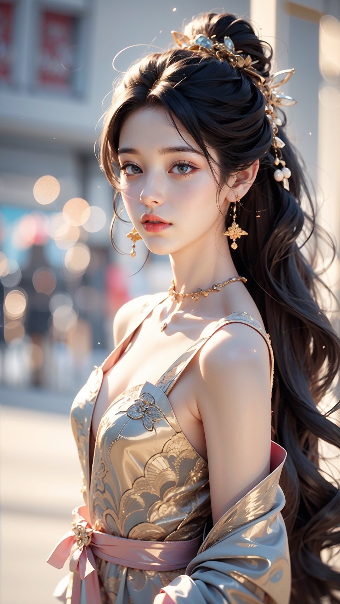 Front view , Autumn style, yellow flowers blooming, depth of field, lighting bokeh as background, pink and white long Boss dress, 1girl, snow-white delicate skin, long light brown curly hair, and a silver hairpin on her head. The eyes are a deep lavender color big and charming, wearing pink and white long Boss dress, and long scaf, Wrap around the neck and cover the chest, full of mysterious stories. With pale pink lips, charming and cute. FilmGirl, xxmix_girl, detailed eyes, perfact eyes, mouth small,  3d style, light bokeh backgroud,3d style,isni,Movie Still,3d,3d render