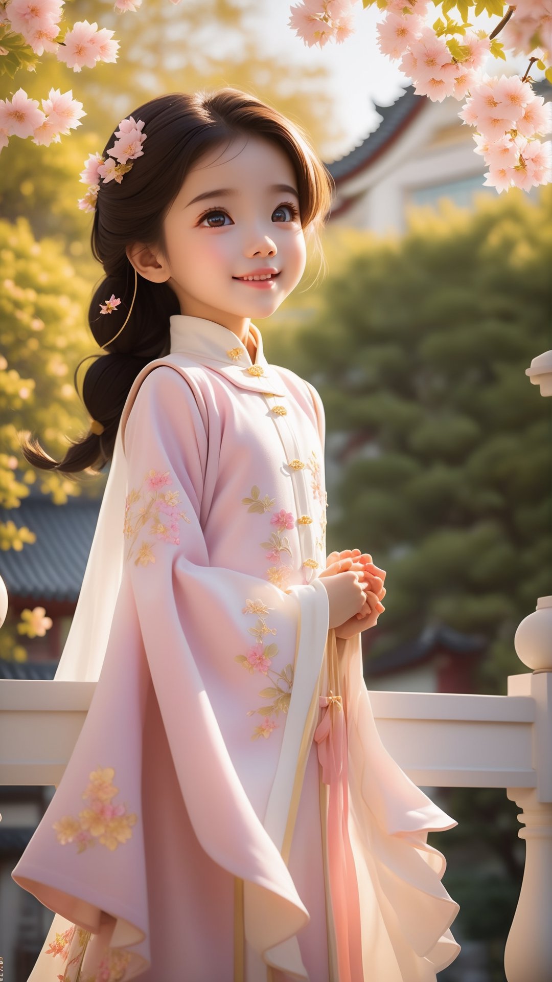 Pixar animated movie scene style, Chinese house style, in the morning light, pink and white yellow flowers bloom and maple tree bloom, sunray through the leaves, a beautiful and cute little girl with beautiful eyes, standing 
 on the railing, perfect face, smiling happily, 32k ultra high definition, Pixar movie scene style, realistic high quality Portrait photography, eternal beauty, the lantern behind her emits a soft light, beautiful and dreamy, the flowers are in bloom, and the light bokeh serves as the background.