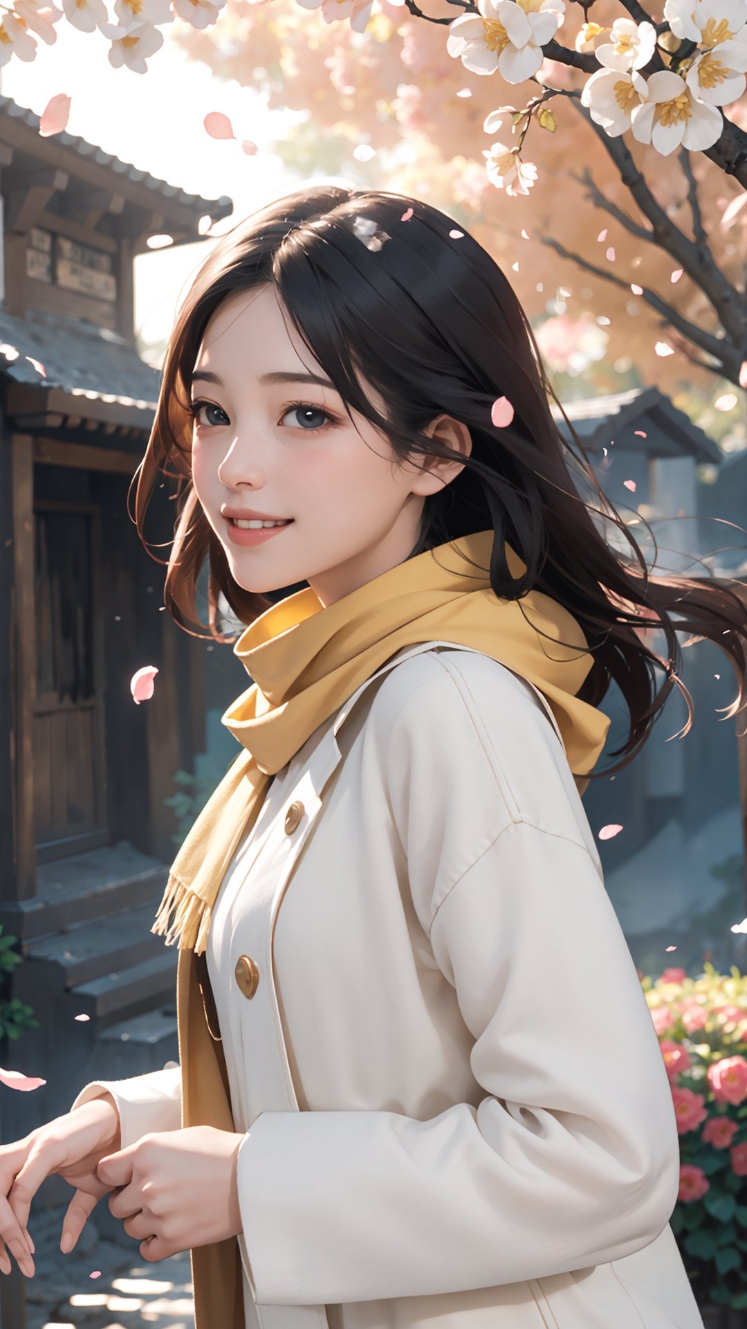 (best quality, masterpiece:1.2),ultra detailed,(photo realistic:1.4), Autumn style, solo, evening, lovely and cute little girl, big eyes so chaiming, smile and happy, lace long sleeves and pink coat, and wearing yellow scarf, She walking on the beautiful village bank near the river, the flowers petals falling, lighting soft and romantic , flowers blooming, flowers petals falling, so romantic, beautiful village, flowers blooming fantastic amazing tale on the village bank, and blurry_light_background, perfect beautiful portrait photography realistic high quality , flowers blooming, fantastic and dreamy and beautiful images , soft light from the lamps and village house lights 