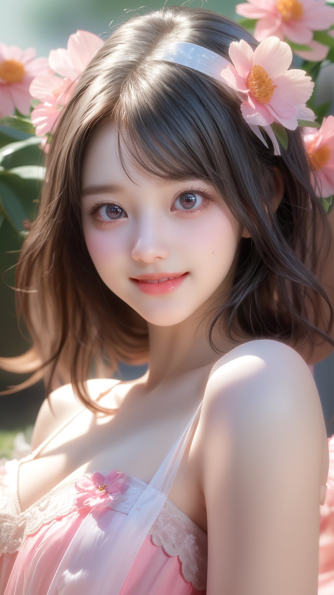 Pixar anime movie scene style, dreamy and fantastic, a digitally created picture of a little girls in pink dress, in the style of soft, dream-like quality, oshare kei, dark beige, barbiecore, lovely, shiny eyes, smile and happy, flowers blooming bokeh background, depth of field