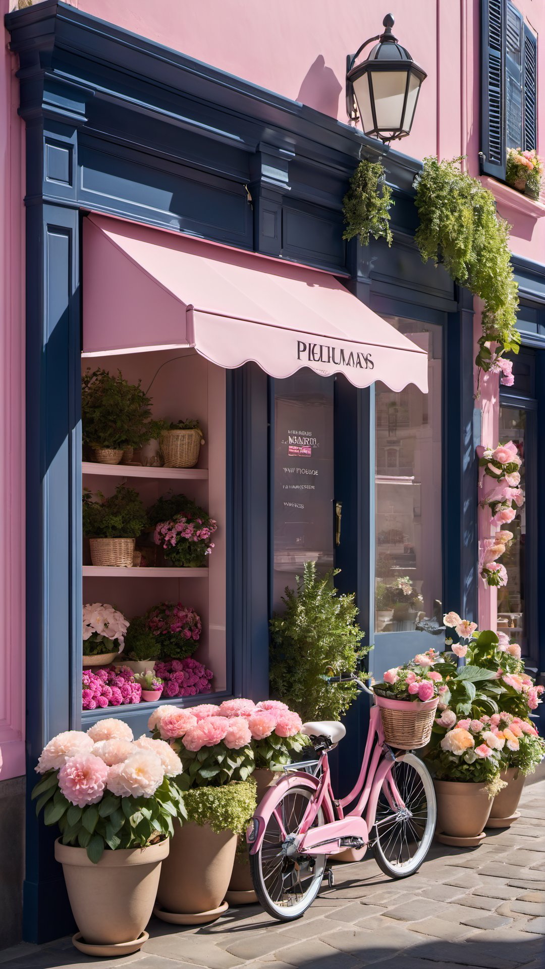 flower, outdoors, day, no humans, plant, ground vehicle, scenery, pink flower, door, potted plant, bicycle, shop, flower pot, storefront