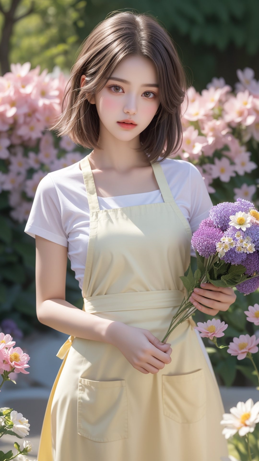 Garden, flowers bloom, A girl, beautiful and perfact face, The scene features soft lighting and bokeh effects, and the characters are rendered in a realistic style with high-quality details against a floral background, flowers bloom, with short hair stood outside, holding flowers, especially purple flowers. She wears a white shirt and yellow apron. Natural atmosphere.