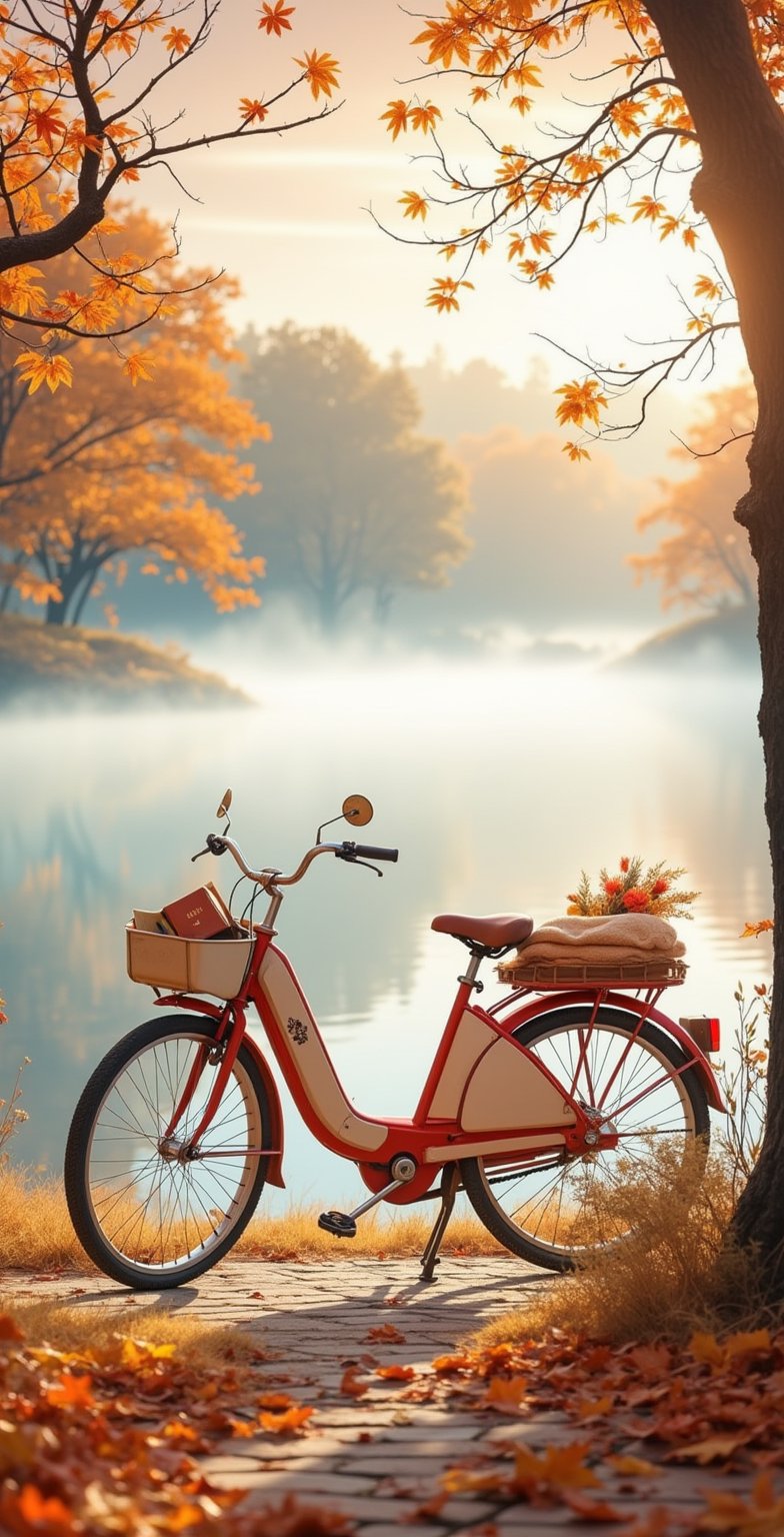 Photographs by master photographers,A serene autumn morning by the lake, with a white and red bicycle parked on a path, soft mist rising from the lake, golden and red leaves scattered around, the bicycle's basket holds a cozy blanket, a book, and a bunch of dry flowers, the morning sunlight gently filters through the mist, creating a peaceful and poetic atmosphere ,highly detailed,high-definition details, exquisite illustrations.