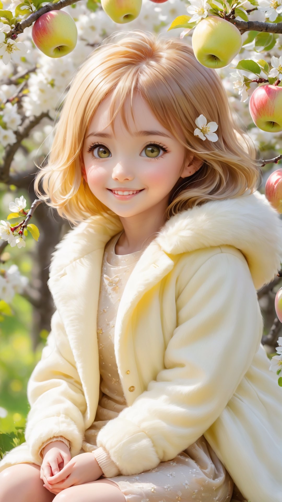 Side view shot, full body, Morning style, sunshine, apple tree, apples full bloom, a cute little girl clear details and charming eyes and wearing light yellow and white fluffy coat sitting on the brunch looking forward apples, smile happily and enjoy the best moment, depth of field, flowers blooming fantastic romantic bokeh background ,portraitart,xxmix_girl,Anime 