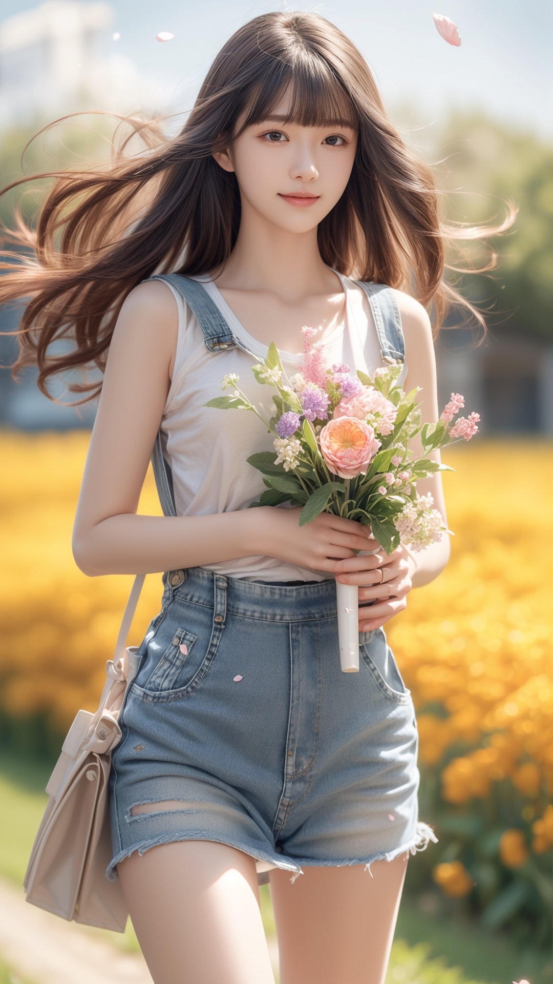 background is flower field,grass field,horizon,wind blowing,petals blowing,16 yo, 1 girl, beautiful girl,smile,
wearing denim overalls skirt,long socks,standing on flower field,holding buquet, cowboy shot,very_long_hair, hair past hip, bangs, curly hair, realhands, masterpiece, Best Quality, 16k, photorealistic, ultra-detailed, finely detailed, high resolution, perfect dynamic composition, beautiful detailed eyes, ((nervous and embarrassed)), sharp-focus, full body shot,pink flower,flower