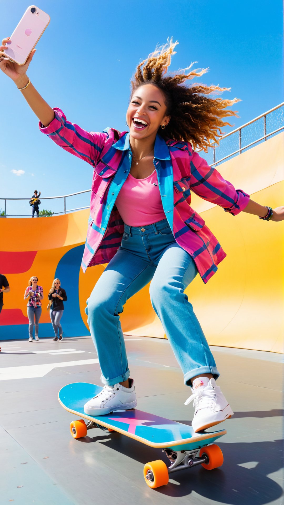 A candid photo of an exuberant woman mid-air, expertly executing a skateboard jump while grinning with joy. She holds her phone with one hand to capture the perfect selfie, showcasing her vibrant, colorful outfit that complements the urban setting. The background reveals a busy skate park filled with onlookers, cheering and capturing the moment with their phones., photo