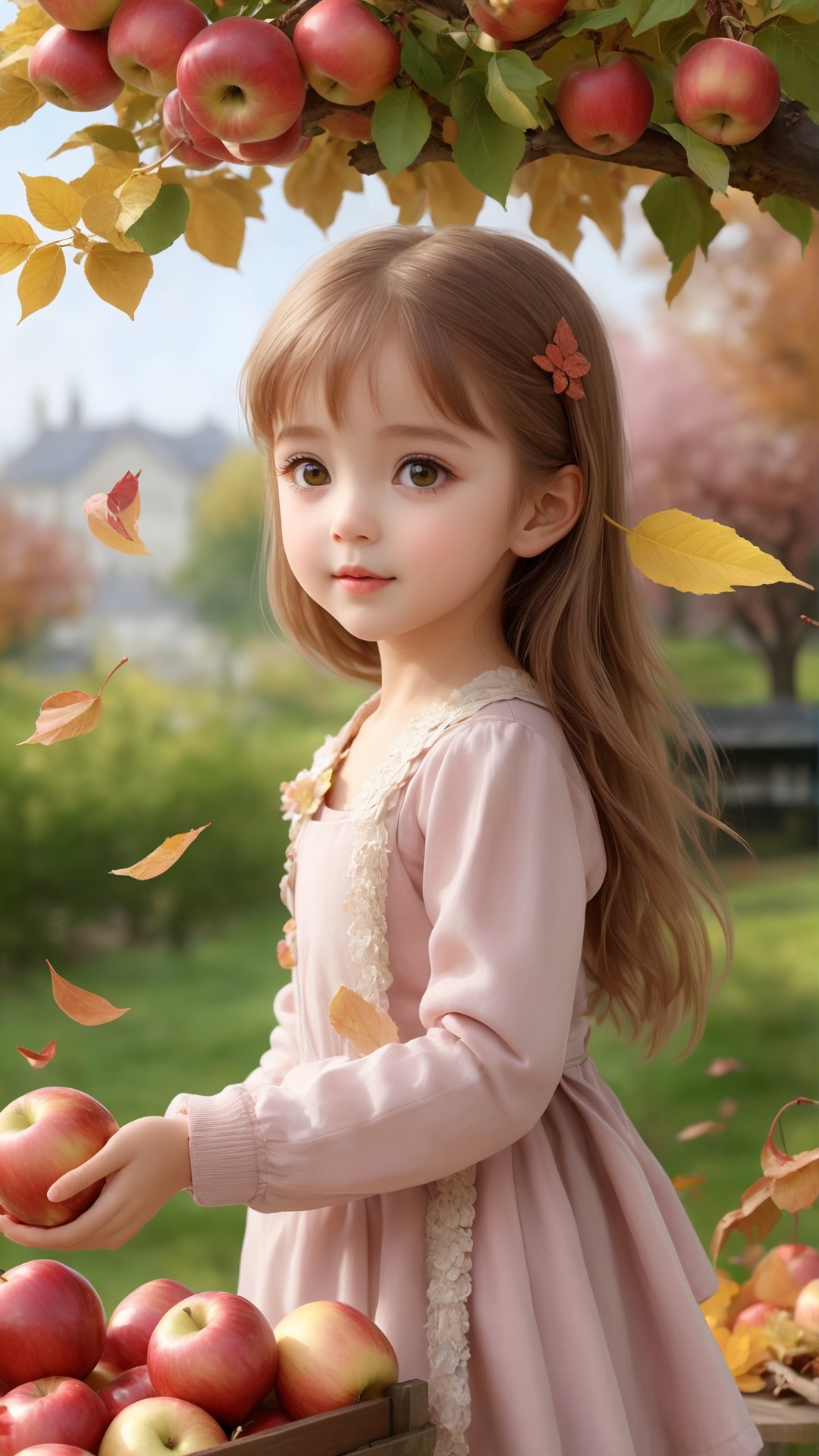 Side view, Autumn style, realistic high quality apple tree, apples full the branch, maple leaves falling, 1 little girl, big eyes so cute, happy,  under the tree have a table, and apples and beautiful flowers, maple leaves falling, and a adorable lovely cute big charming eyes little girl holding juice 
 near flowers, Turn around and look viewers , pink flowers blooming fantastic amazing and romantic lighting bokeh, yellow flowers blooming realistic and green plants amazing tale and lighting as background, Xxmix_Catecat