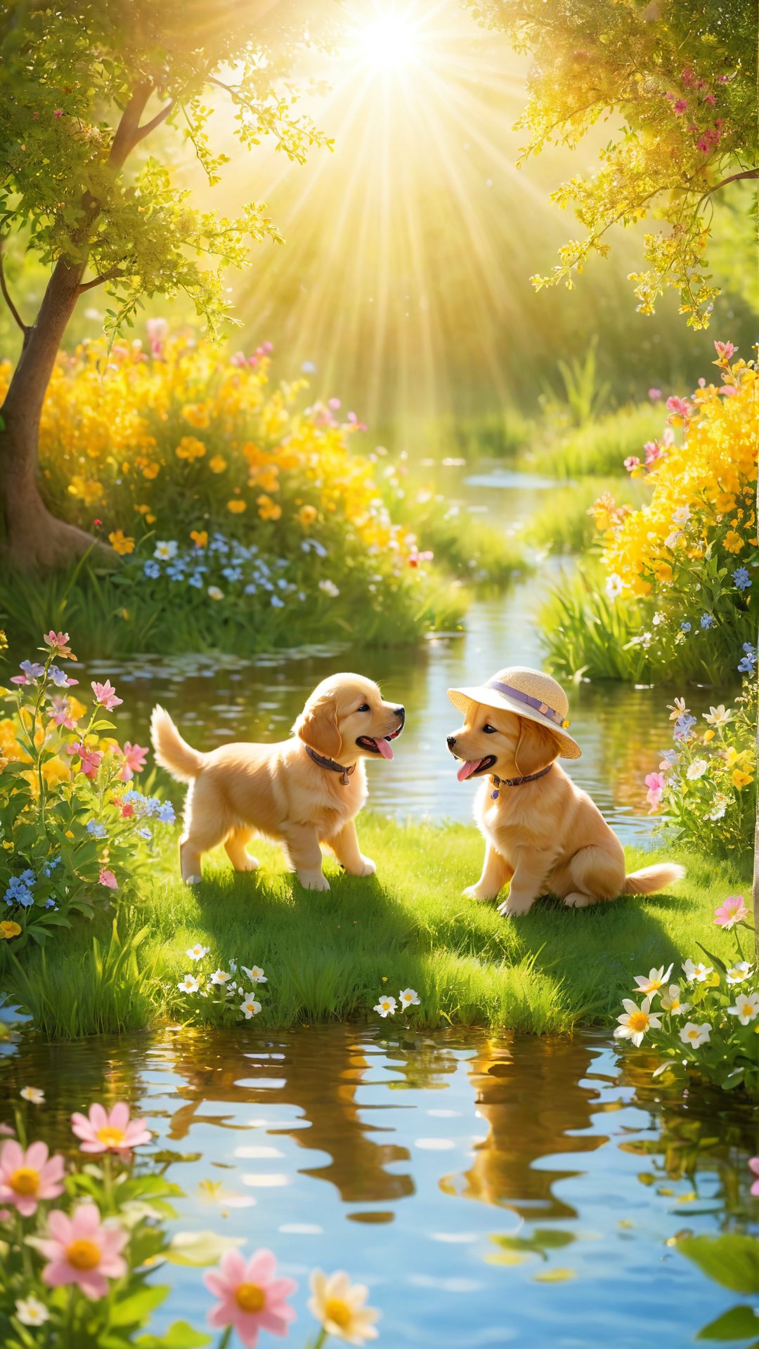 create a picture of a baby boy playing in beautiful fields with many flowers and wonderful trees playing with his golden retriever puppy in the warm light from the sun next to a tiny lake
A heartwarming scene of a baby boy in a cute sun hat, playing happily with his golden retriever puppy in a picturesque field. The field is filled with vibrant, colorful flowers and tall, lush trees that create a canopy of dappled sunlight. The baby and puppy are splashing in the shallow water of a tiny lake, surrounded by beautiful wildflowers. The warm sunlight casts a golden glow on the scene, capturing the innocence and joy of childhood.