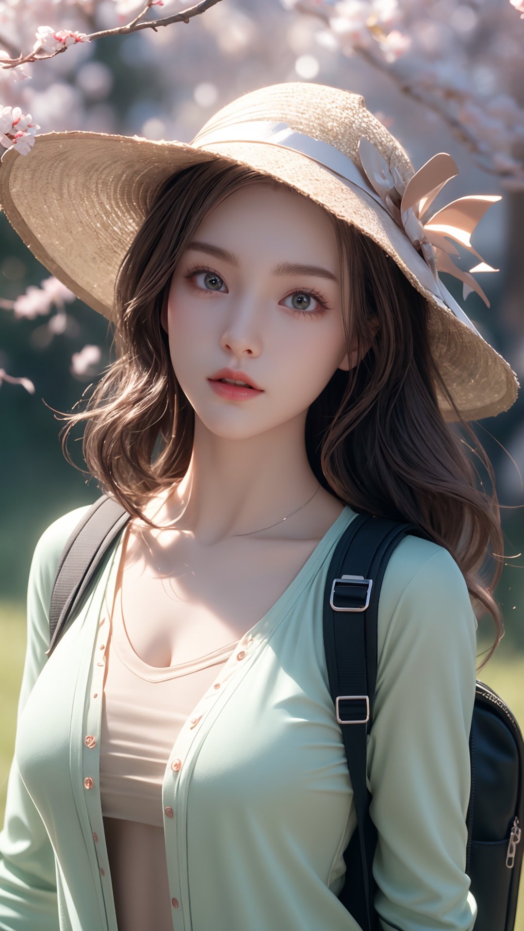 Rockwind, outdoor camping girl, cute wind element fairy girl, wavy hair, cartoon modeling design, backpack camera, wearing a cute hat, cherry trees under green grass in spring, gradient style, fashion play blind box, clean background, natural lighting, 8K, super detail, 3D, depth of field, Pixar trend, super realism, ray tracing, complex details, artistic background, super detail, fine texture, OC renderer, Ultra HD, fine texture, front fuselage, 3D rendering, 8K