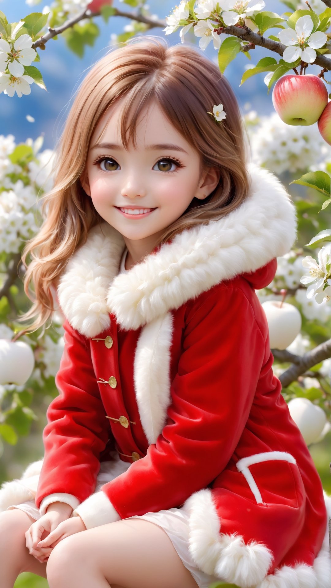 Side view shot, full body, Morning style, sunshine, apple tree, apples full bloom, a cute little girl clear details and charming eyes and wearing light red and white fluffy coat sitting on the brunch looking forward apples, smile happily and enjoy the best moment, depth of field, flowers blooming fantastic romantic bokeh background ,portraitart,xxmix_girl,Anime 