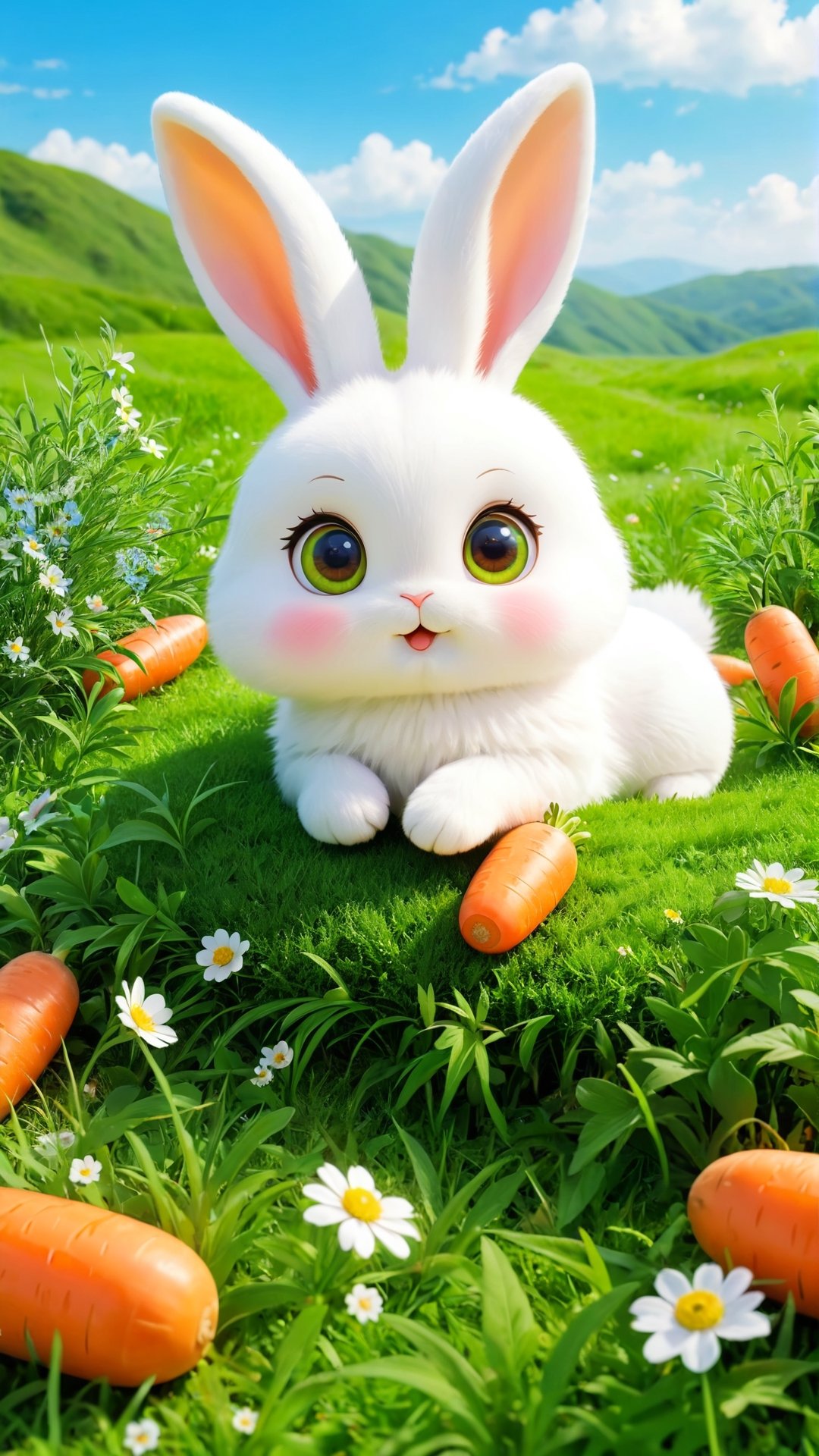 A cute and fluffy and adorable white rabbit big eyes lying on the grass land,  eat carrots, Green grasses land, wild flowers bloom. so sweet and enjoy. carrots.
