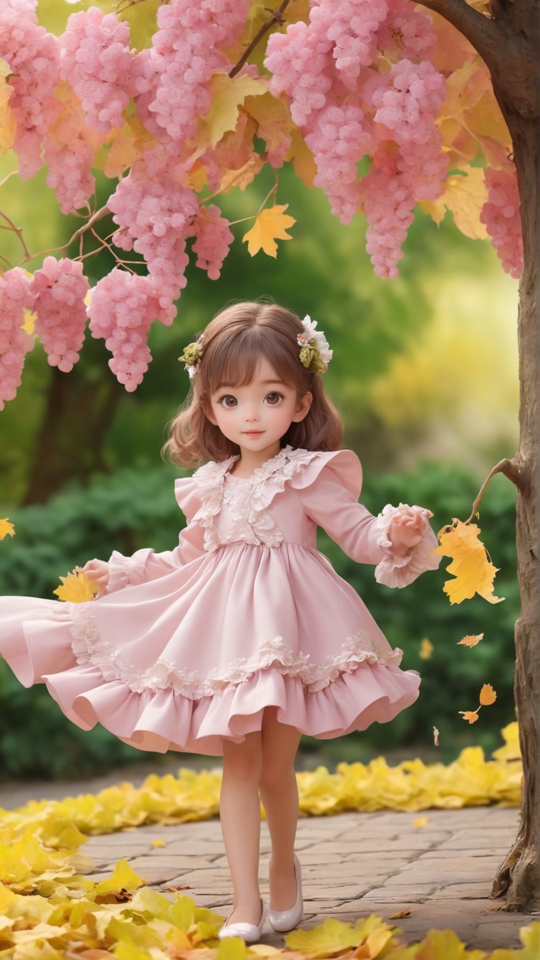 Side view, Autumn style, realistic high quality grapes tree, grapes full the branch, maple leaves falling, 1girl, big eyes so charming, happy,  under the tree have a table, and grape and beautiful flowers, maple leaves falling, and a adorable lovely cute big charming eyes girl wearing pink and white Ruffles dress and coat, holding juice 
 near flowers, Turn around and look viewers , pink flowers blooming fantastic amazing and romantic lighting bokeh, yellow flowers blooming realistic and green plants amazing tale and lighting as background, Xxmix_Catecat