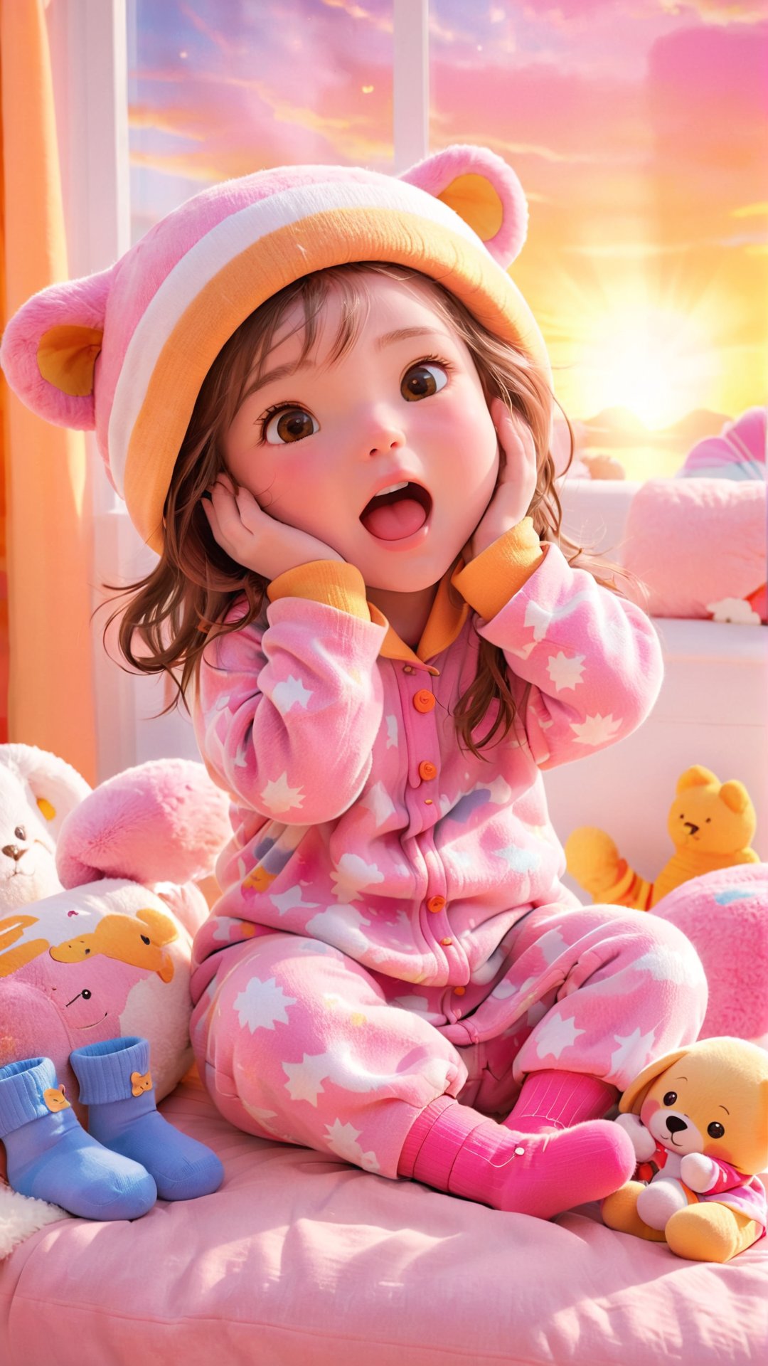 A charming animated scene, a lovely and beautiful little girl yawning widely in the early morning. She is dressed in a cozy pajama set with a warm hat and socks. The background shows a sunrise with vibrant colors of pink, orange, and yellow. There's a soft, fluffy pillow next to her with a favorite stuffed animal. The atmosphere is cozy and comforting, capturing the essence of a child's early morning routine.