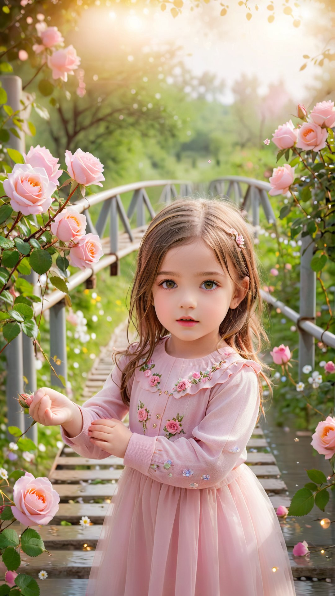 generate 3d image of rose falling from the hands of four year old girl standing in a wired bridge, perfect face and beautiful eyes and the best quality portrait photography, flowers bloom bokeh background, beautiful and fantastic and dreamy, dreamy romantic scene style, depth of field.