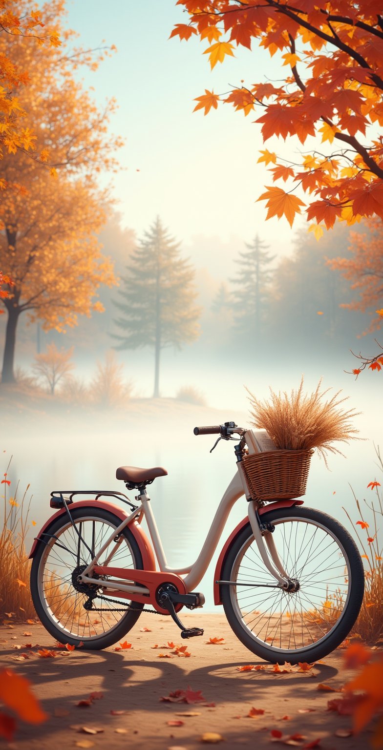 Photographs by master photographers,A serene autumn morning by the lake, with a white and red bicycle parked on a path, soft mist rising from the lake, golden and red leaves scattered around, the bicycle's basket holds a cozy blanket, a book, and a bunch of dry flowers, the morning sunlight gently filters through the mist, creating a peaceful and poetic atmosphere ,highly detailed,high-definition details, exquisite illustrations.