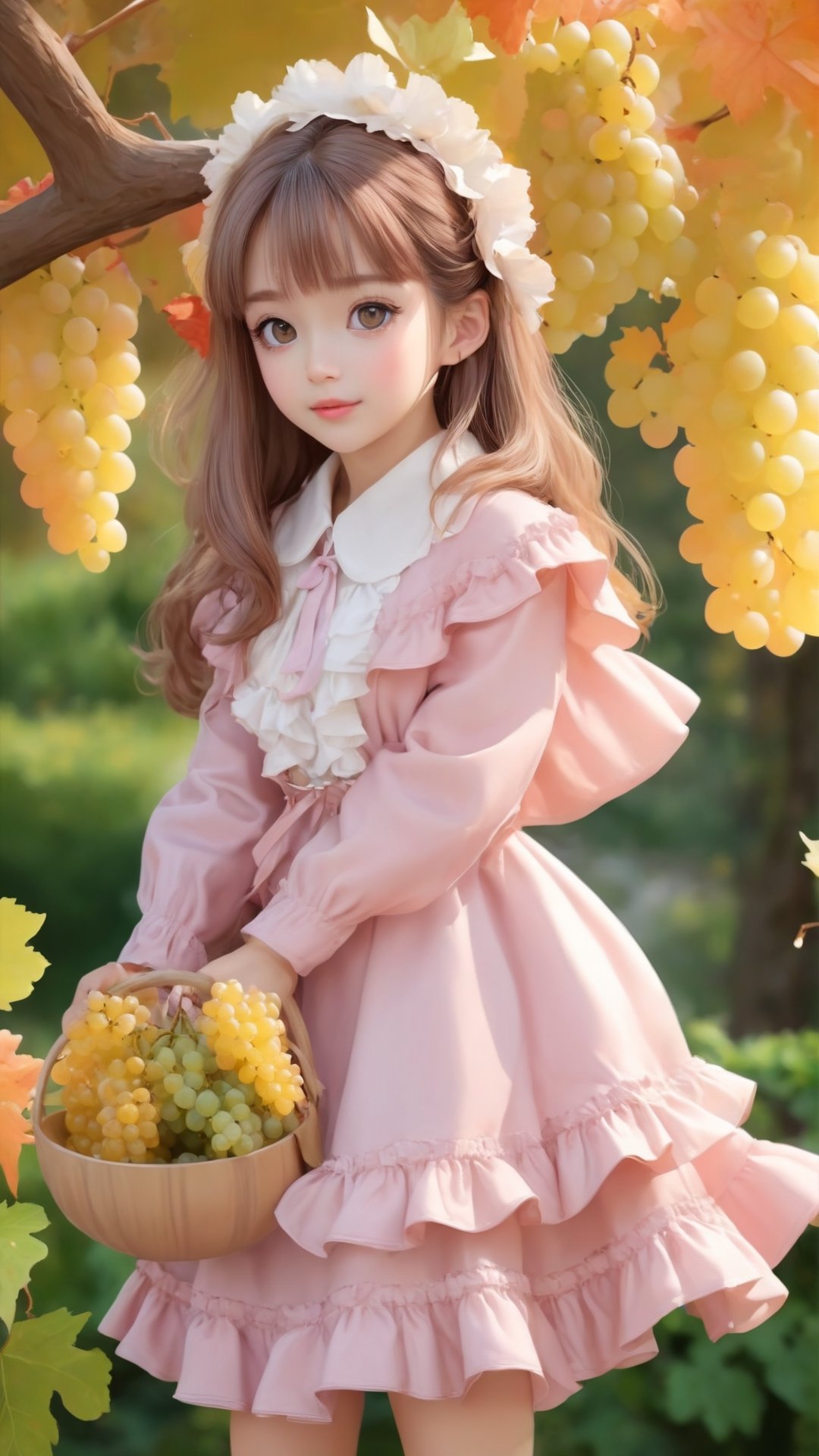 Side view, Autumn style, realistic high quality grapes tree, grapes full the branch, maple leaves falling, 1girl, big eyes so charming, happy,  under the tree have a table, and grape and beautiful flowers, maple leaves falling, and a adorable lovely cute big charming eyes girl wearing pink and white Ruffles dress and coat, holding juice 
 near flowers, Turn around and look viewers , pink flowers blooming fantastic amazing and romantic lighting bokeh, yellow flowers blooming realistic and green plants amazing tale and lighting as background, Xxmix_Catecat