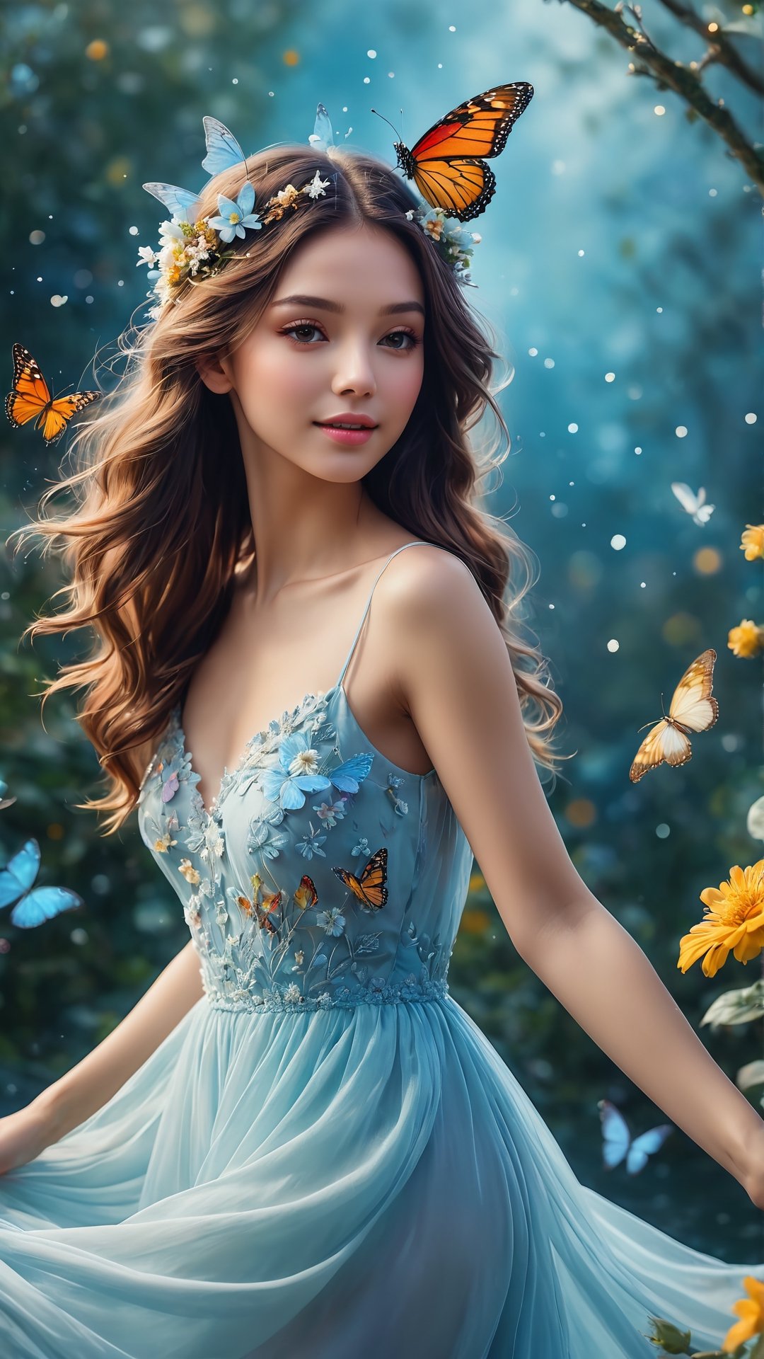 Winter style, Cinematic photo,  4k photo,  extremely detailed,  fairy flying over the water,  faint smile,  emotional eyes,  beauty,  flower explosion,  anatomical plant,  flowers forest,  grainy,  shiny,  colorful,  colorful,  ((realistic skin)),  glowing surreal objects floating,  ((floating:1.4)),  contrast shadows,  photography,  rainbow style,  soft lights,  incredible bokeh,  wearing long light blue and white dress,  (the butterfly is part of her body),  close-up,  dancing girl,  flowers bokeh background.